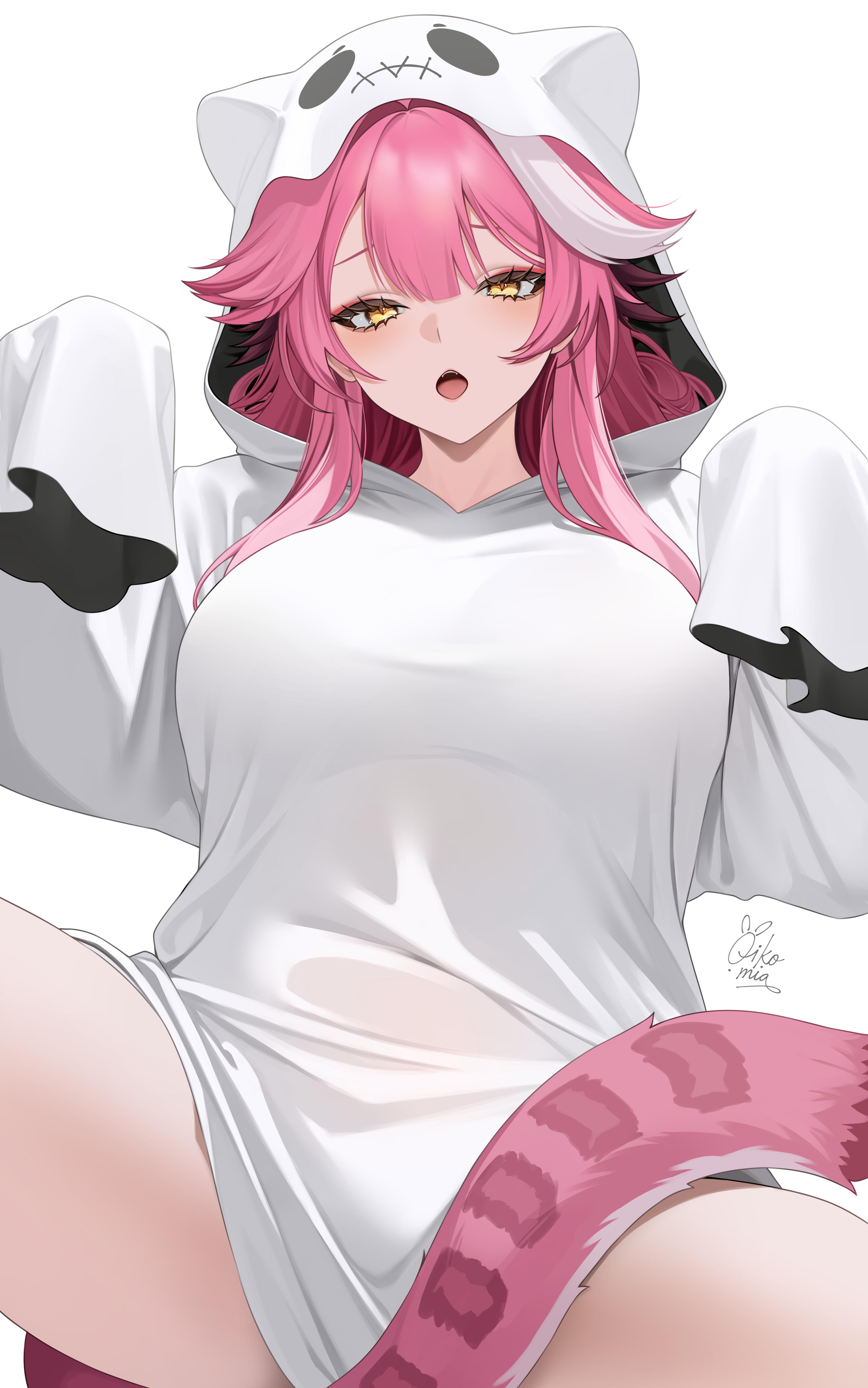 oikomia, raora panthera, hololive, hololive english, absurdres, commentary, english commentary, highres, 1girl, blush, breasts, dress, ghost costume, large breasts, long hair, looking at viewer, open mouth, panther girl, panther tail, pink hair, pink tail, simple background, sleeves past fingers, sleeves past wrists, solo, tail, thighs, virtual youtuber, white background, white dress, white hood, yellow eyes