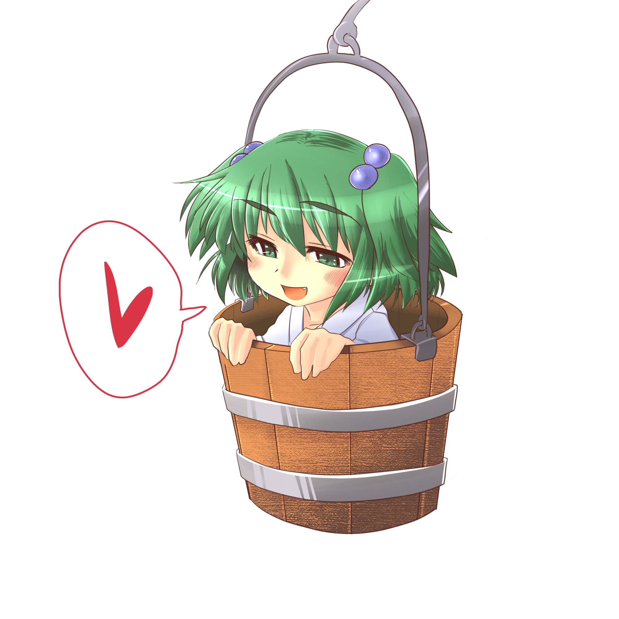 kato (artist), kato (mogumoguokome), kisume, touhou, highres, 1girl, bucket, female focus, green eyes, hair bobbles, hair ornament, in bucket, in container, naughty face, short hair, solo, twintails