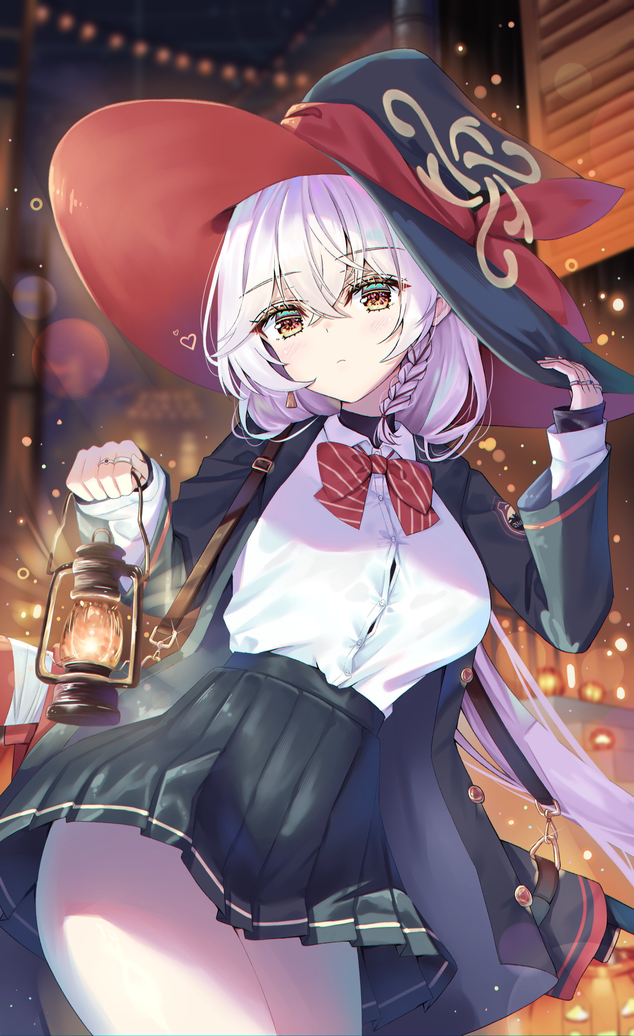 natie, eri (blue archive), blue archive, absurdres, highres, 1girl, bolt action, bow, bowtie, breasts, brown halo, carcano, crossed bangs, diagonal-striped bow, diagonal-striped bowtie, diagonal-striped clothes, gun, halo, hand on headwear, hat, holding, holding lantern, jewelry, lantern, large breasts, long hair, multiple rings, pleated skirt, red bow, red bowtie, red streaks, rifle, ring, shirt, shirt tucked in, side halo, skirt, solo, striped bow, striped bowtie, striped clothes, tilted halo, two-sided fabric, two-sided headwear, unbuttoned jacket, weapon, white hair, white shirt, wild hunt academy of arts logo, witch hat