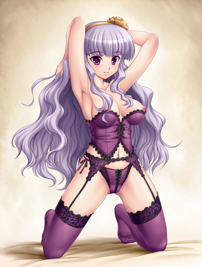 amane (funfun), funfun, shijou takane, idolmaster, idolmaster (classic), lace-trimmed legwear, silver hair, 00s, 1girl, armpits, arms behind back, arms behind head, arms up, breasts, bustier, feet, female focus, garter belt, hairband, kneeling, lace, lace-trimmed panties, lace trim, large breasts, lingerie, long hair, navel, nipples, panties, purple eyes, purple panties, purple thighhighs, smile, solo, thighhighs, underwear