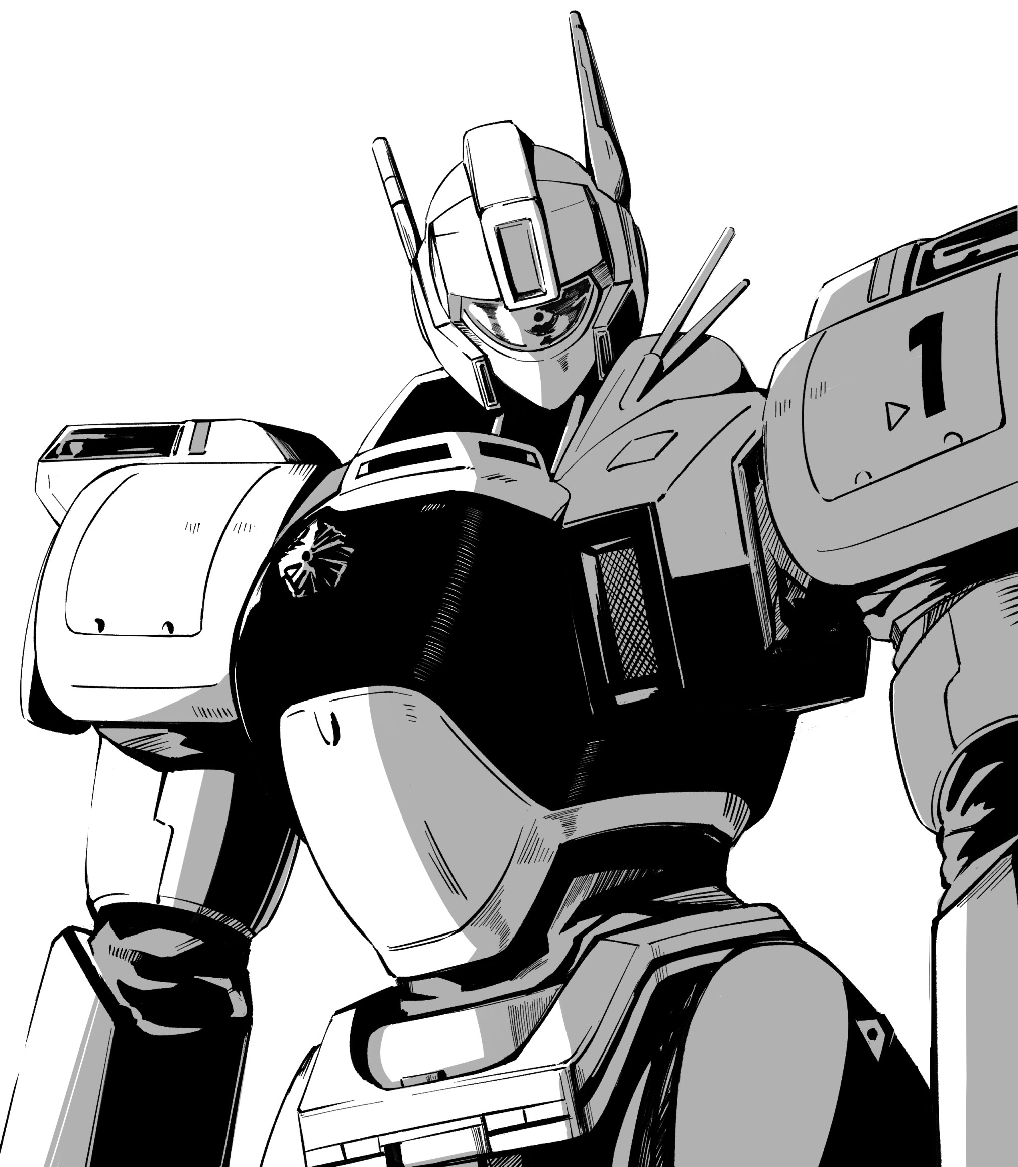 itsumeee3, av-98 ingram, kidou keisatsu patlabor, commentary request, highres, assault visor, cowboy shot, facing viewer, greyscale, mecha, mecha focus, monochrome, no humans, robot, simple background, solo, white background