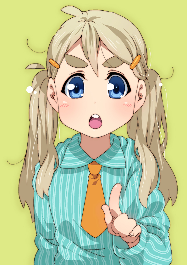 takanashi ringo, kotobuki tsumugi, k-on!, eyebrows, 00s, 1girl, alternate hairstyle, blonde hair, blue eyes, female focus, long hair, necktie, pointing, simple background, solo, twintails