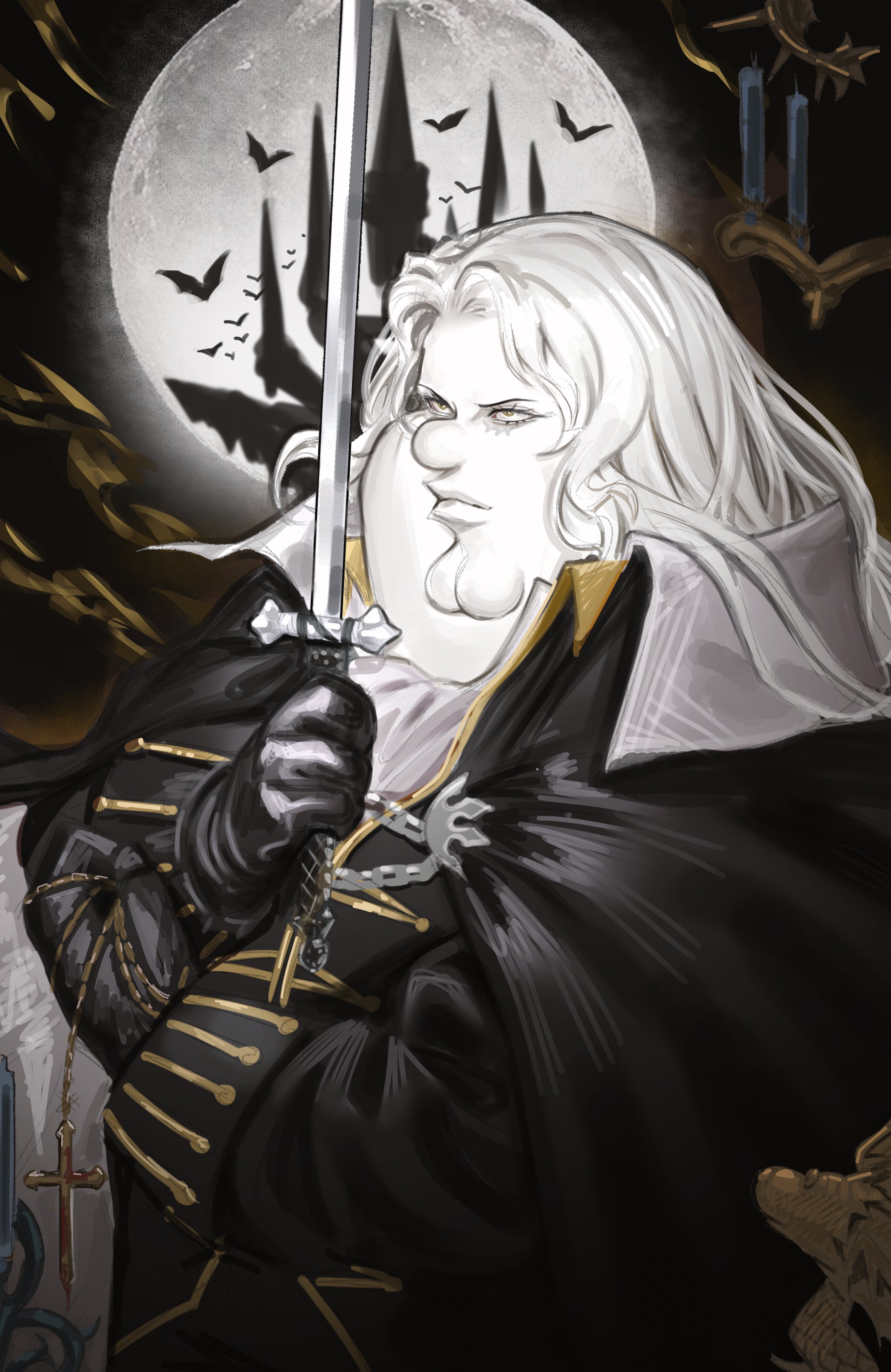 kowai (iamkowai), alucard (castlevania), peter griffin, castlevania: symphony of the night, castlevania (series), family guy, absurdres, highres, 1boy, alternate costume, ascot, bat (animal), black coat, castle, cleft chin, coat, cosplay, curtained hair, fat, fat man, full moon, holding, holding sword, holding weapon, huge moon, moon, night, sword, trench coat, vampire, weapon, white ascot, white hair
