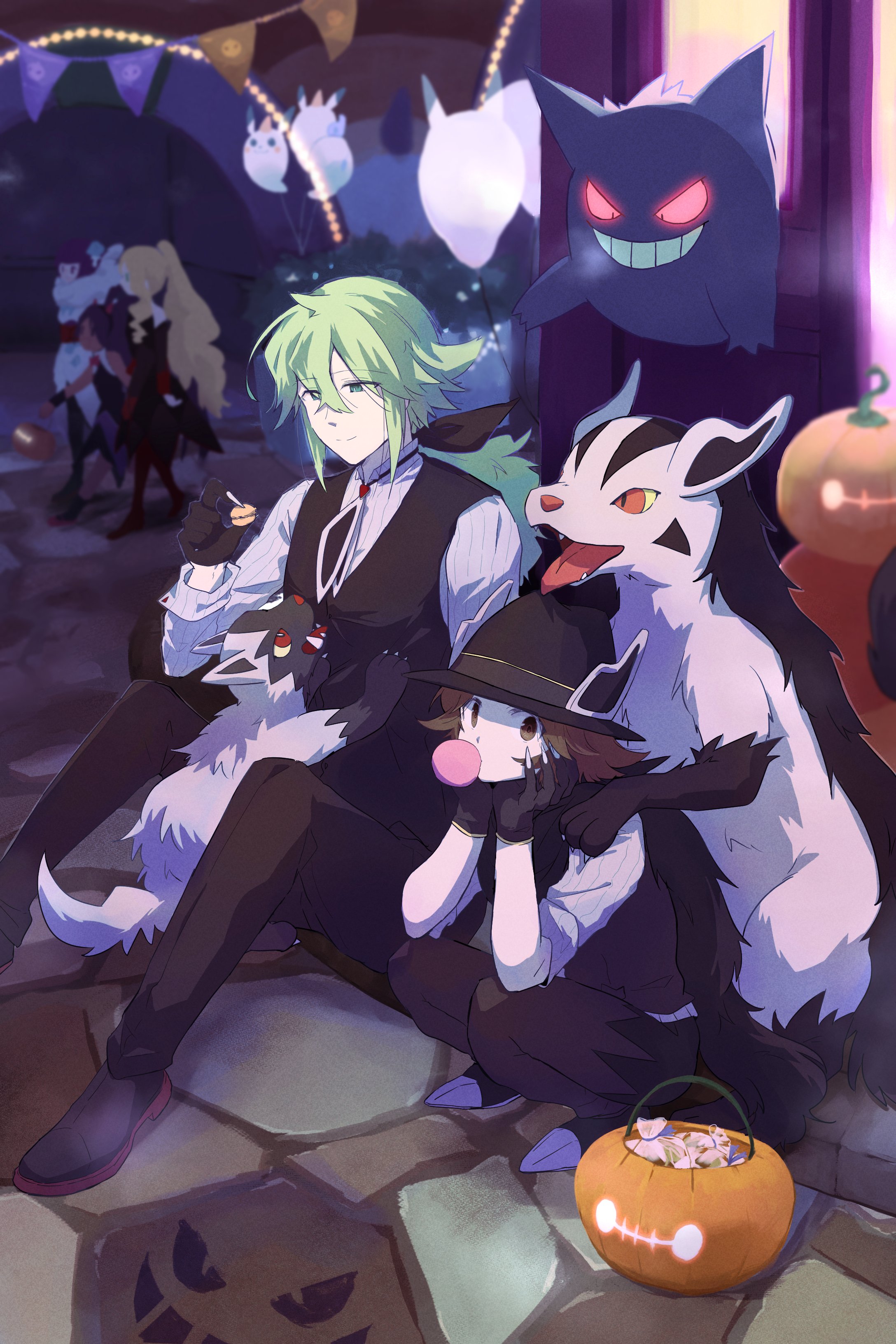 tarai (yamadarairai), caitlin (fall 2021) (pokemon), caitlin (pokemon), gengar, hilbert (fall 2020) (pokemon), hilbert (pokemon), iris (fall 2022) (pokemon), iris (pokemon), mightyena, n (pokemon), poochyena, shauntal (fall 2024) (pokemon), shauntal (pokemon), nintendo, pokemon, pokemon bw, pokemon masters ex, absurdres, commentary request, highres, 2boys, 3girls, black gloves, black hat, black vest, blowing bubble gum, brown eyes, brown hair, chewing gum, gen 1 pokemon, gen 3 pokemon, gloves, green hair, halloween, halloween bucket, hands up, hat, long hair, multiple boys, multiple girls, night, official alternate costume, outdoors, pants, pokemon (creature), shirt, shoes, short hair, sitting, squatting, vest