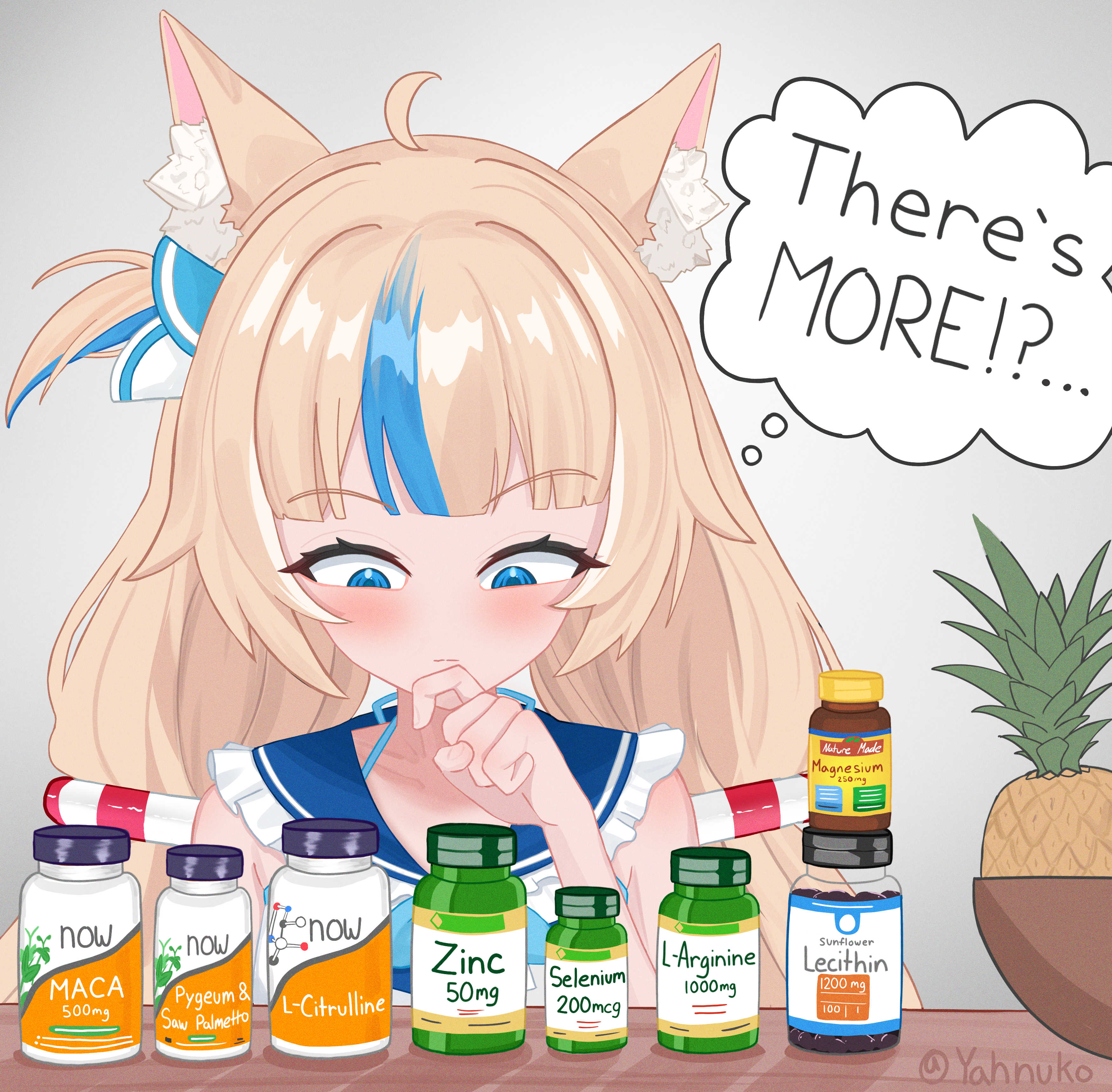 yahnuko, sameko saba, indie virtual youtuber, absurdres, commentary, english commentary, highres, 1girl, :|, animal ears, artist name, blonde hair, blue eyes, blue hair, cat ears, closed mouth, dress, english text, fish girl, food, frilled sailor collar, frills, fruit, hand up, lifebuoy hair ornament, long hair, looking down, low twintails, multicolored hair, one side up, pineapple, plastic bottle, raised eyebrow, sailor collar, speech bubble, streaked hair, thought bubble, twintails, twitter username, upper body, very long hair, virtual youtuber, white dress