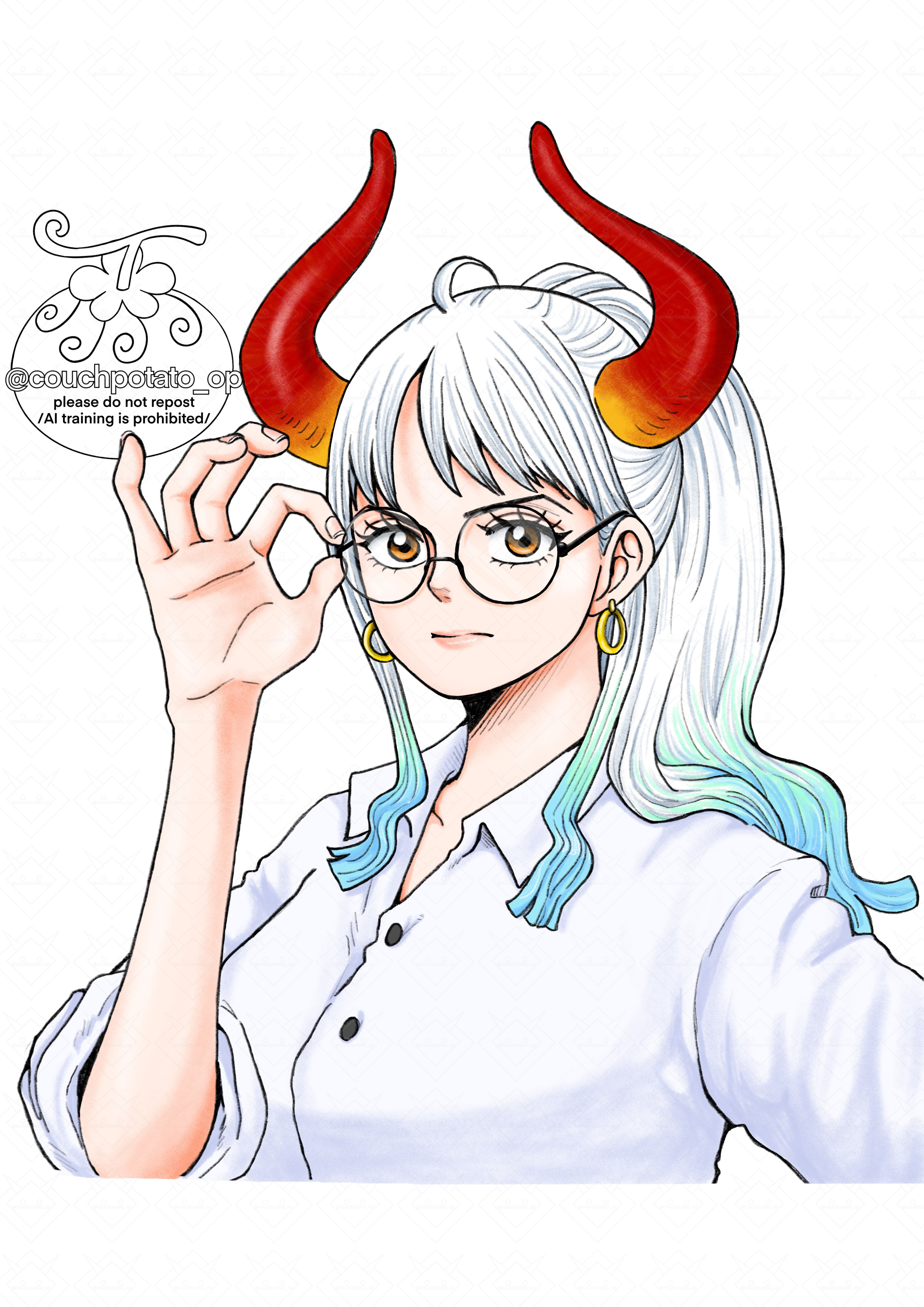 couchpotato op, yamato (one piece), one piece, absurdres, highres, adjusting eyewear, alternate costume, bespectacled, blue hair, curled horns, earrings, glasses, hoop earrings, horns, jewelry, long hair, multicolored hair, multicolored horns, orange horns, ponytail, red horns, round eyewear, shirt, white background, white hair, white shirt