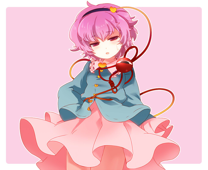 chaba (hortensia), komeiji satori, touhou, bad id, bad pixiv id, 1girl, collar, cowboy shot, expressionless, female focus, jacket, long sleeves, looking at viewer, pink background, pink eyes, pink hair, simple background, skirt, solo, string