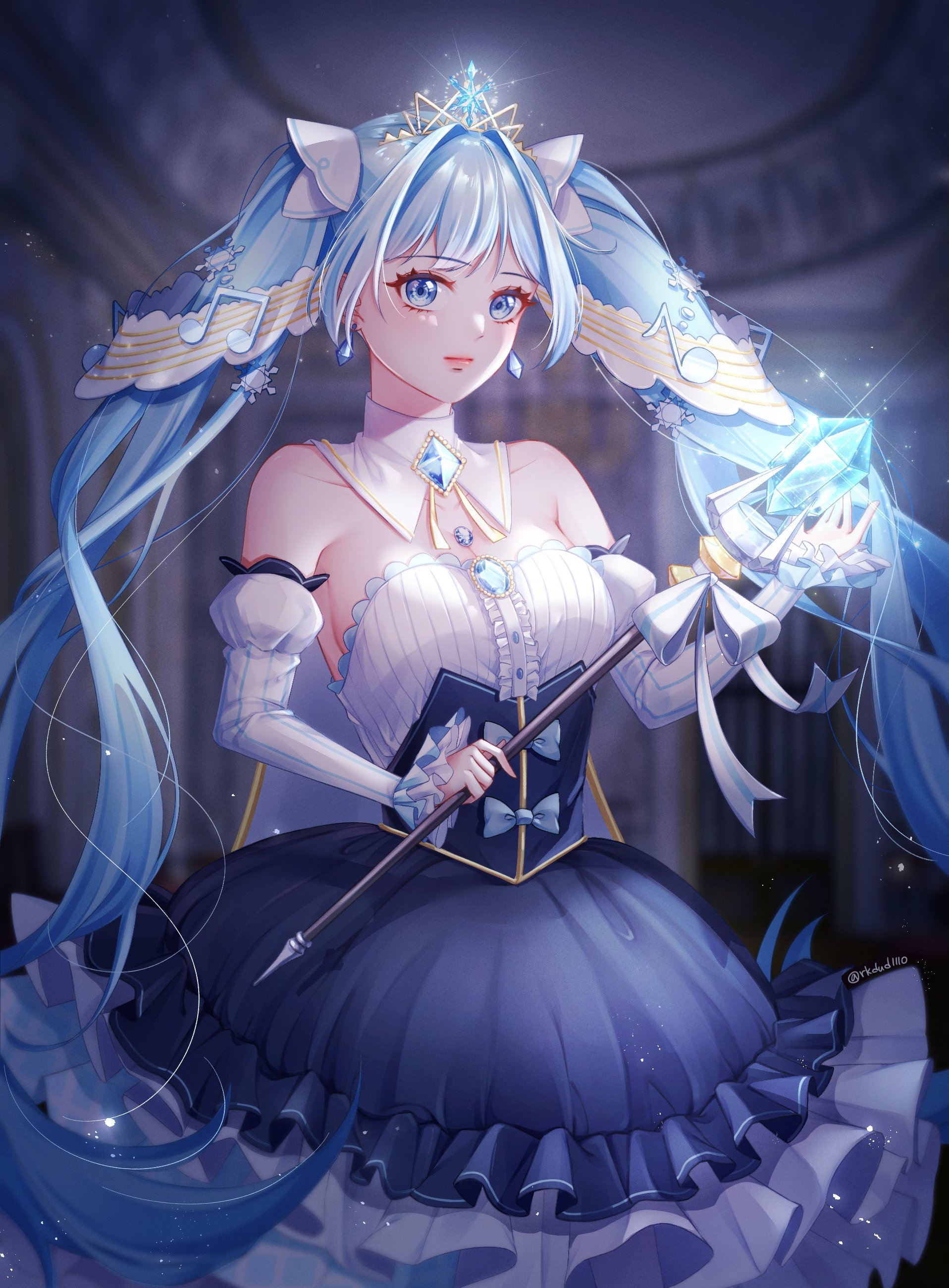 gamin (rkald1110), hatsune miku, yuki miku, yuki miku (2019), vocaloid, absurdres, highres, 1girl, aqua eyes, aqua hair, aqua nails, blue dress, blue gemstone, blush, breasts, closed mouth, collarbone, detached collar, dress, earrings, flower, fortissimo, frilled dress, frills, gem, gold trim, hair between eyes, hair ornament, hand on own chest, holding, holding wand, jewelry, long hair, musical note, musical note hair ornament, official alternate costume, official alternate hairstyle, red flower, red rose, rose, small breasts, smile, snowflake hair ornament, solo, strapless, strapless dress, twintails, very long hair, wand, white tiara