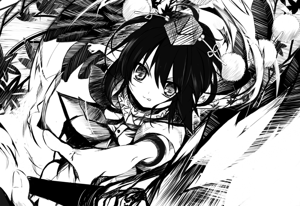 shino (eefy), shameimaru aya, touhou, 1girl, female focus, greyscale, hand fan, hat, lineart, looking at viewer, monochrome, pom pom (clothes), puffy short sleeves, puffy sleeves, shirt, short hair, short sleeves, solo, tokin hat