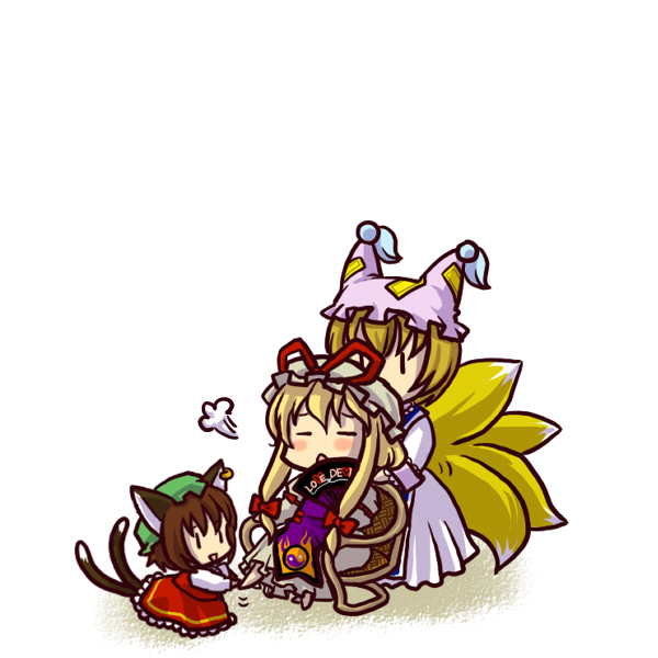 socha, chen, yakumo ran, yakumo yukari, touhou, 3girls, animal ears, animal hat, blonde hair, blush stickers, brown hair, cat ears, cat girl, cat tail, chair, chibi, earrings, female focus, fox tail, hat, hat ribbon, jewelry, long sleeves, mob cap, multiple girls, multiple tails, ribbon, short hair, simple background, tail, tassel, white background, wide sleeves, | |