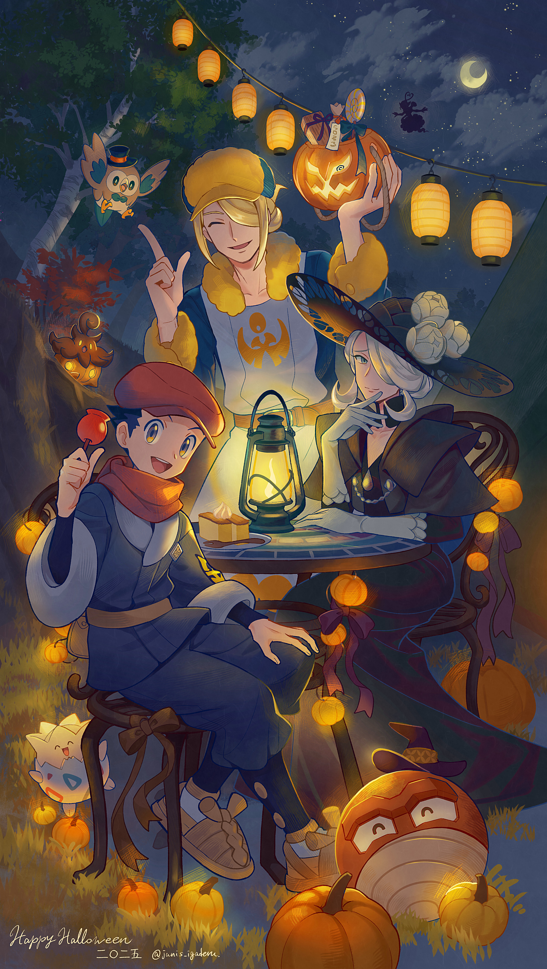 janis (hainegom), cogita (pokemon), enamorus, enamorus (incarnate), hisuian voltorb, pumpkaboo, rei (pokemon), rowlet, togepi, volo (pokemon), nintendo, pokemon, pokemon legends: arceus, absurdres, commentary request, highres, 1girl, 2boys, belt, black dress, black hair, black hat, brown belt, candy apple, chair, cloud, crescent moon, dress, flower, food, gen 2 pokemon, gen 6 pokemon, gen 7 pokemon, grass, halloween bucket, hand up, hat, hat flower, jacket, jumpsuit, moon, multiple boys, night, outdoors, pants, red hat, red scarf, scarf, shoes, short hair, sitting, sky, table, tree, yellow shoes