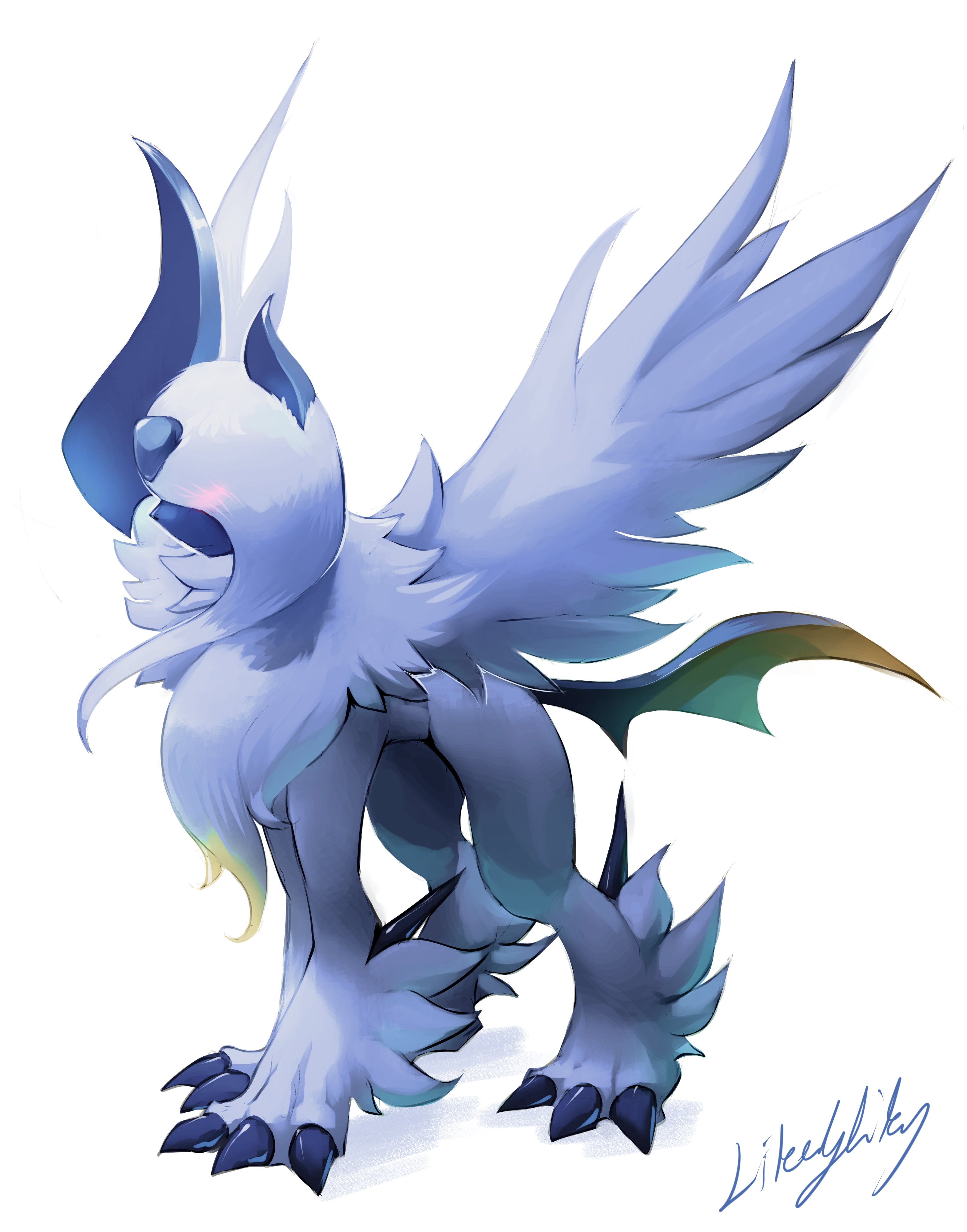 likey, absol, mega absol, nintendo, pokemon, absurdres, commentary, highres, claws, full body, gen 3 pokemon, mega pokemon, no humans, pokemon (creature), pokemon focus, signature, solo, standing, white background, white fur