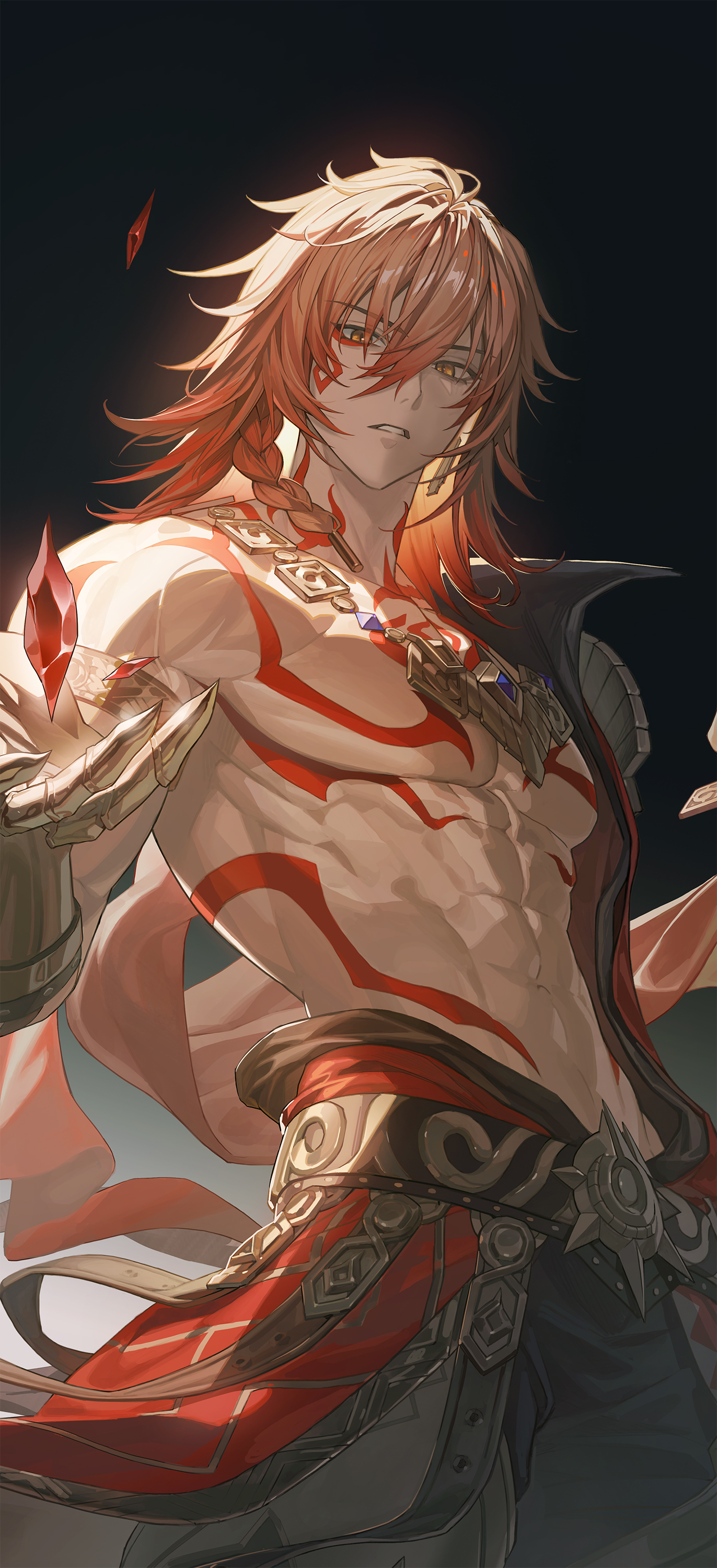 zerg (z79438659), mydei (honkai: star rail), honkai: star rail, honkai (series), gold armlet, absurdres, highres, 1boy, abs, arm tattoo, armlet, blonde hair, braid, chest tattoo, clawed gauntlets, earrings, facial tattoo, gold earrings, gold necklace, gradient hair, hair between eyes, jewelry, looking at viewer, male focus, medium hair, multicolored hair, necklace, no nipples, pectorals, red hair, red tattoo, side braid, single braid, slit pupils, solo, tattoo, yellow eyes