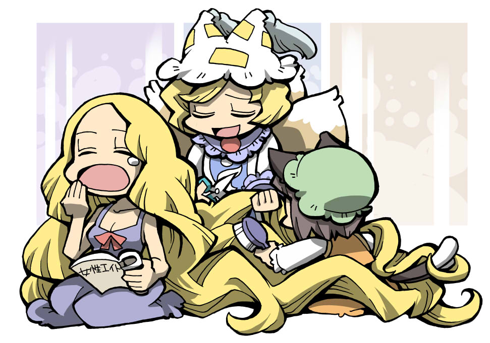 hounori, chen, yakumo ran, yakumo yukari, touhou, bad id, bad pixiv id, 3girls, animal ears, animal hat, blonde hair, brown hair, brushing another's hair, brushing hair, cat ears, cat girl, cat tail, closed eyes, cutting another's hair, cutting hair, female focus, fox tail, hair brush, hat, long hair, long sleeves, mob cap, multiple girls, multiple tails, no headwear, open mouth, scissors, short hair, sleeveless, tail, tassel, very long hair, yawning