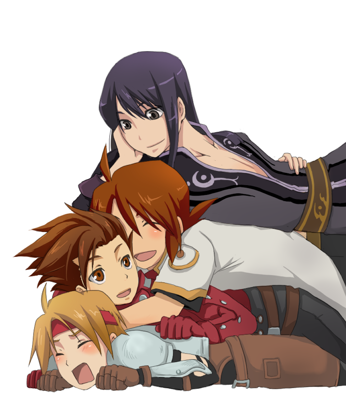 chan mage, cress albane, lloyd irving, luke fon fabre, yuri lowell, tales of (series), tales of phantasia, tales of symphonia, tales of the abyss, tales of vesperia, bad id, bad pixiv id, 00s, 4boys, armor, blonde hair, brown eyes, brown hair, crossover, headband, in-franchise crossover, male focus, multiple boys, red hair, red shirt, shirt, smile