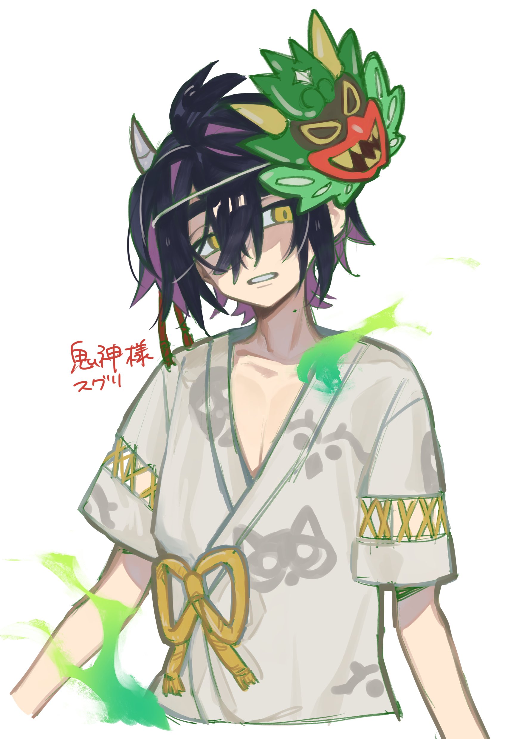 hei tai (kyaputen1), kieran (pokemon), nintendo, pokemon, pokemon sv, absurdres, commentary request, highres, translation request, 1boy, black hair, collarbone, grey shirt, hair between eyes, looking to the side, male focus, mask, mask on head, mole, mole on neck, shirt, short sleeves, solo, teeth, upper body, white background, yellow eyes