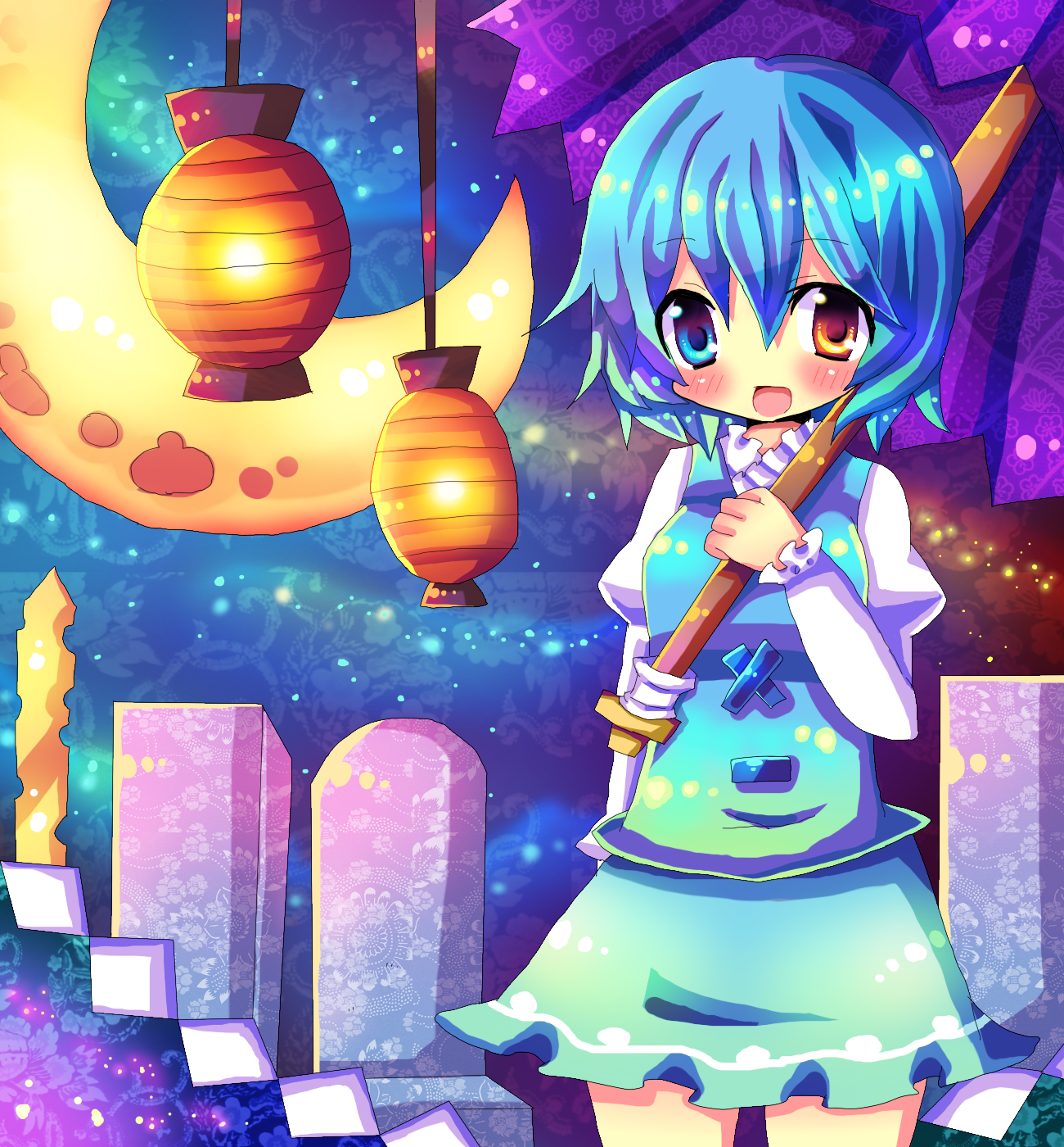 chocolat (momoiro piano), hinahina, tatara kogasa, touhou, bad id, bad pixiv id, highres, 1girl, blue hair, blush, female focus, heterochromia, karakasa obake, lantern, moon, oil-paper umbrella, solo, umbrella