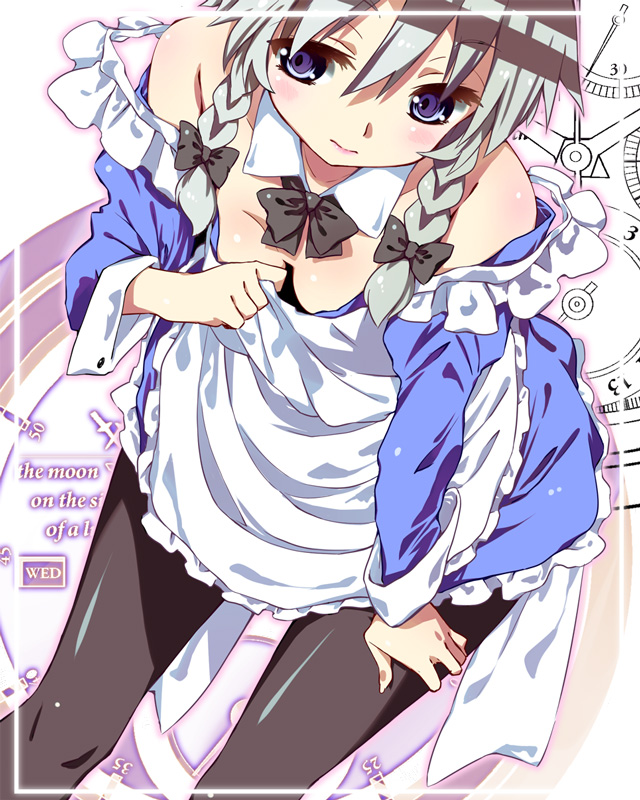 subachi, izayoi sakuya, touhou, bad id, bad pixiv id, 1girl, bare shoulders, bow, braid, breasts, cleavage, female focus, hair bow, maid, pantyhose, solo, strap slip, twin braids, undressing, white background