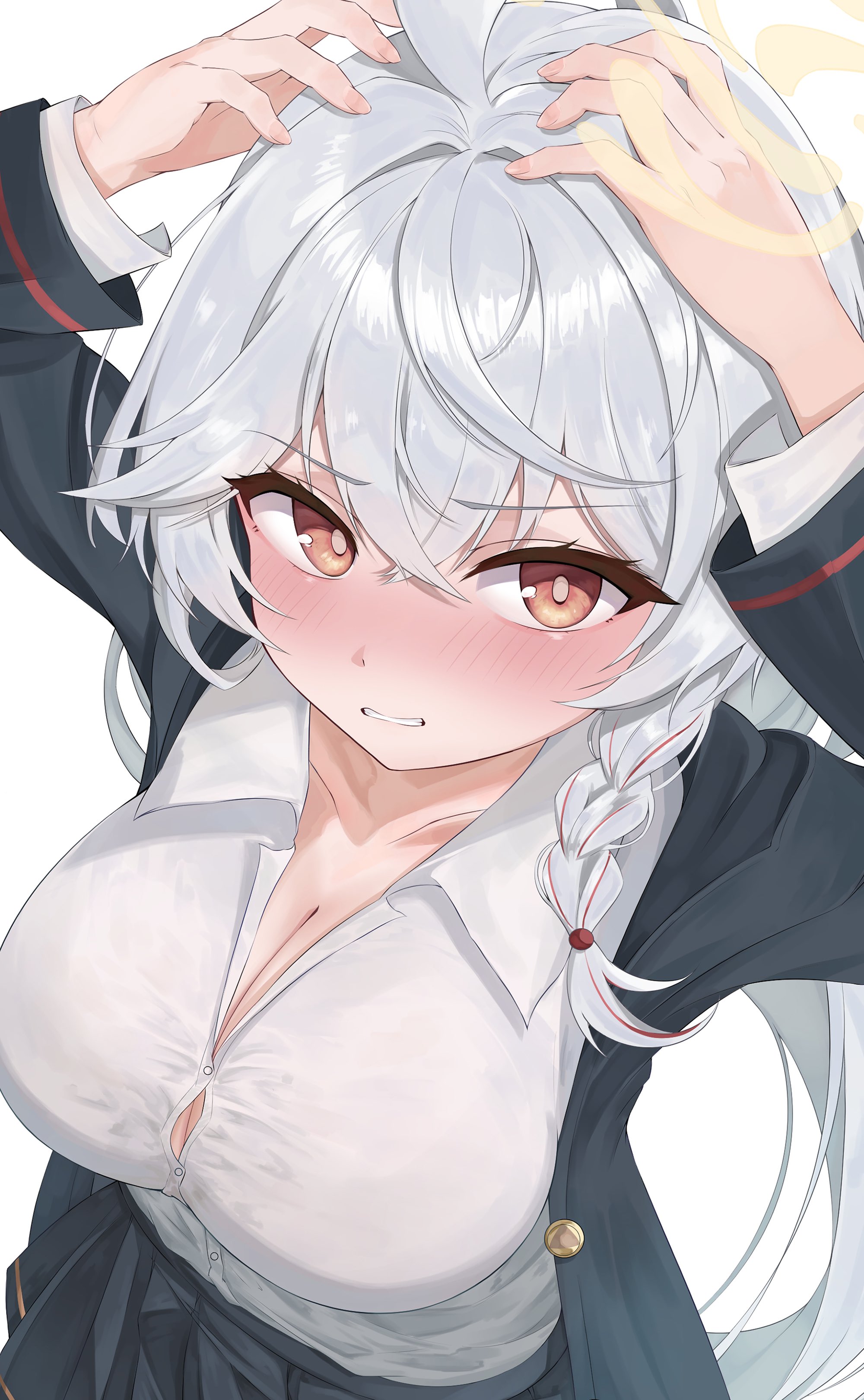 eri (blue archive), blue archive, absurdres, commentary request, highres, 1girl, 81q7bvjempsb6yb, black jacket, black skirt, blush, braid, breasts, cleavage, collared shirt, embarrassed, from above, halo, hands on own head, jacket, large breasts, long hair, looking at viewer, multicolored hair, no headwear, orange eyes, parted lips, pleated skirt, red streaks, shirt, side braid, simple background, skirt, solo, streaked hair, tight clothes, tight shirt, tilted halo, unbuttoned jacket, white background, white hair, white shirt, yellow halo