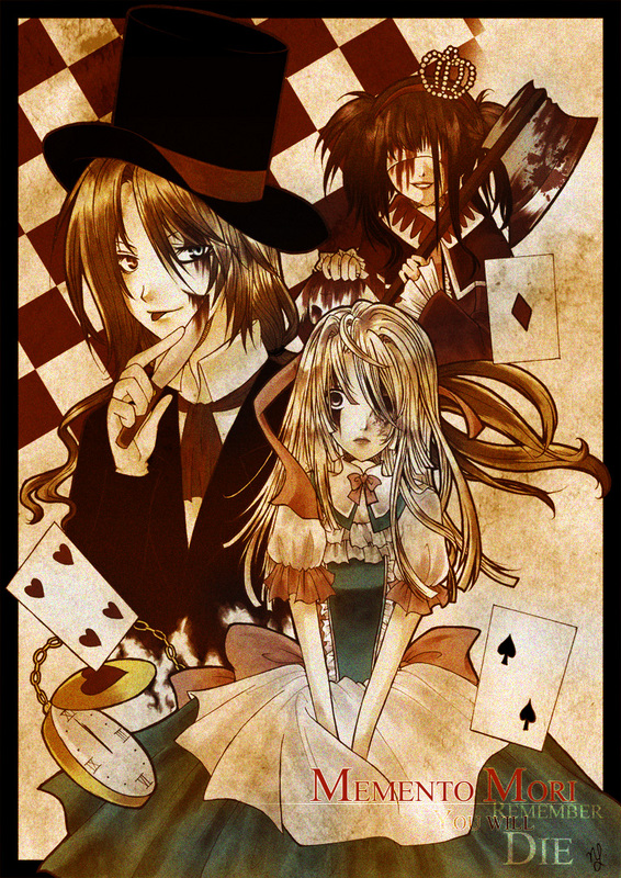 naoko miharu (artist), alice (alice in wonderland), mad hatter (alice in wonderland), queen of hearts (alice in wonderland), white rabbit (alice in wonderland), alice's adventures in wonderland, axe, blindfold, blonde hair, blood, creepy, hair over one eye, heterochromia, knife, weapon