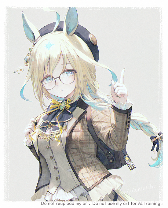 21 (nijuichinichi), neo universe (like "zeer") (umamusume), neo universe (umamusume), umamusume, 1girl, ahoge, animal ears, beret, black bow, black bowtie, black hat, blonde hair, blue eyes, bow, bowtie, braid, brooch, brown jacket, buttons, colored inner animal ears, frilled sleeves, frills, gold trim, hat, horse ears, horse girl, index finger raised, jacket, jewelry, lapels, light smile, long hair, looking at viewer, official alternate costume, open clothes, open jacket, plaid clothes, plaid jacket, single braid, solo