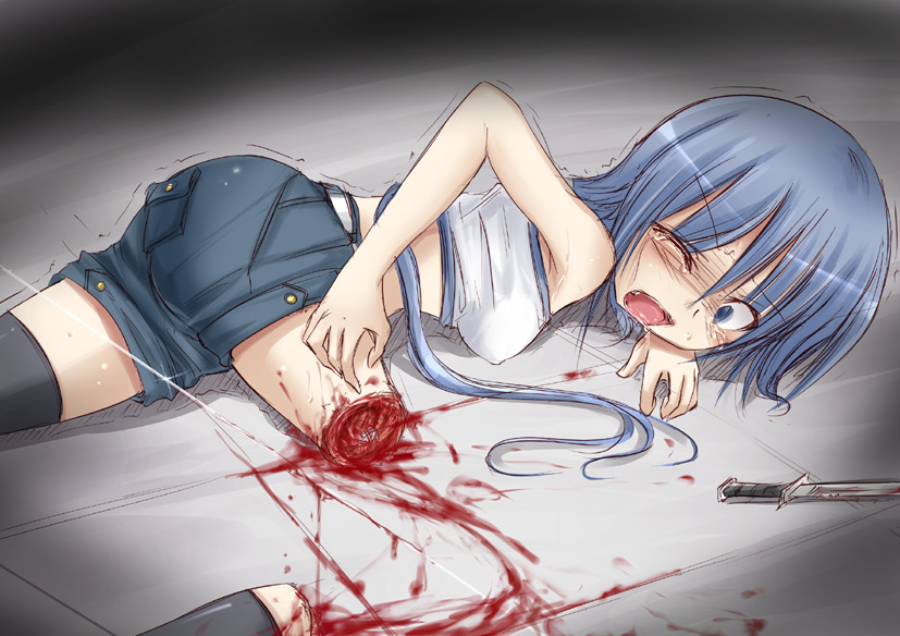 shimo (depthbomb), amasaki ryouko, blank blood, cracklecradle, 1girl, amputee, blood, blue eyes, blue hair, crying, female focus, guro, injury, knife, long hair, lying, matching hair/eyes, open mouth, pain, ryona, saliva, severed limb, shorts, solo, tank top, tears, trembling, wince, wink, wire