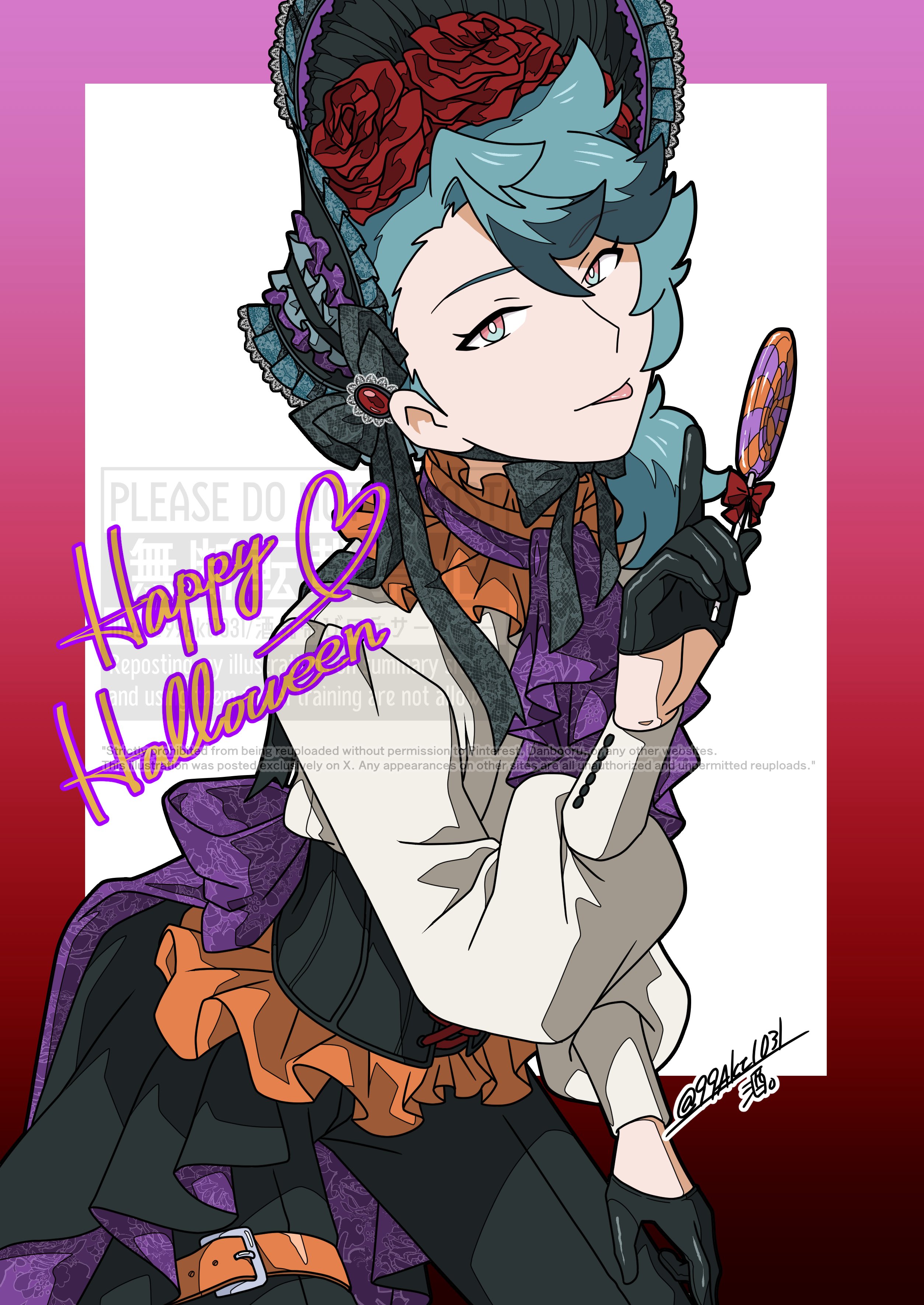 99akt1031, spinel (pokemon), nintendo, pokemon, pokemon (anime), pokemon horizons, absurdres, highres, 1boy, alternate costume, aqua hair, black gloves, black pants, bonnet, bow, bright pupils, candy, food, gloves, hand up, happy halloween, heart, holding, lollipop, long hair, long sleeves, looking at viewer, male focus, multicolored eyes, pants, red bow, shirt, solo, tongue, tongue out, twitter username, watermark, white pupils