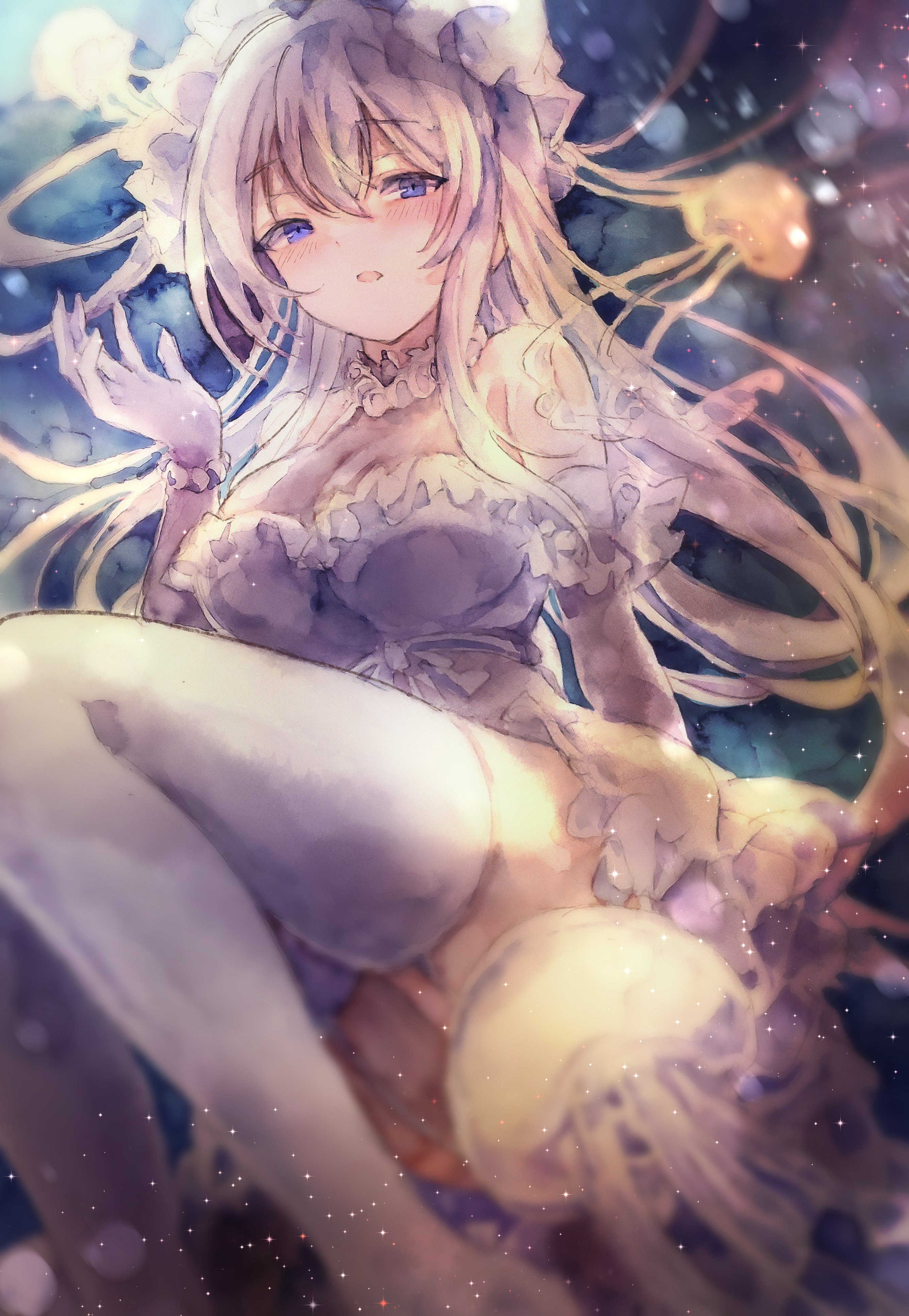 kamu kotan, original, absurdres, commentary, english commentary, highres, 1girl, blonde hair, blurry, blush, breasts, choker, cleavage, depth of field, dress, frilled choker, frills, gloves, grey dress, hat, jellyfish, long hair, looking at viewer, mob cap, open mouth, purple eyes, solo, thighhighs, very long hair, white gloves, white hat, white thighhighs
