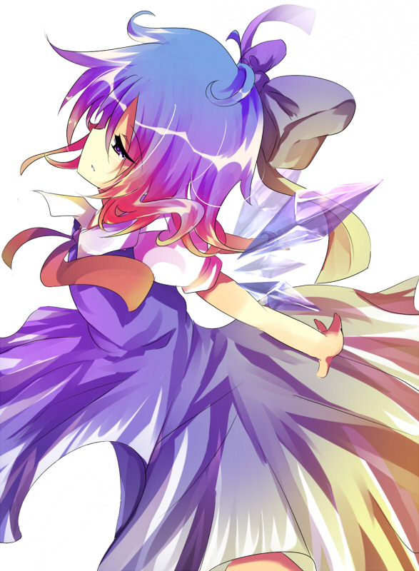 rarami, cirno, touhou, bad id, bad pixiv id, 1girl, ahoge, dress, female focus, ribbon, simple background, solo, white background, wings