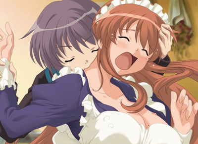 asahina mikuru, nagato yuki, suzumiya haruhi no yuuutsu, lowres, 00s, biting, cardigan, closed eyes, maid, open mouth, school uniform, short hair, surprised