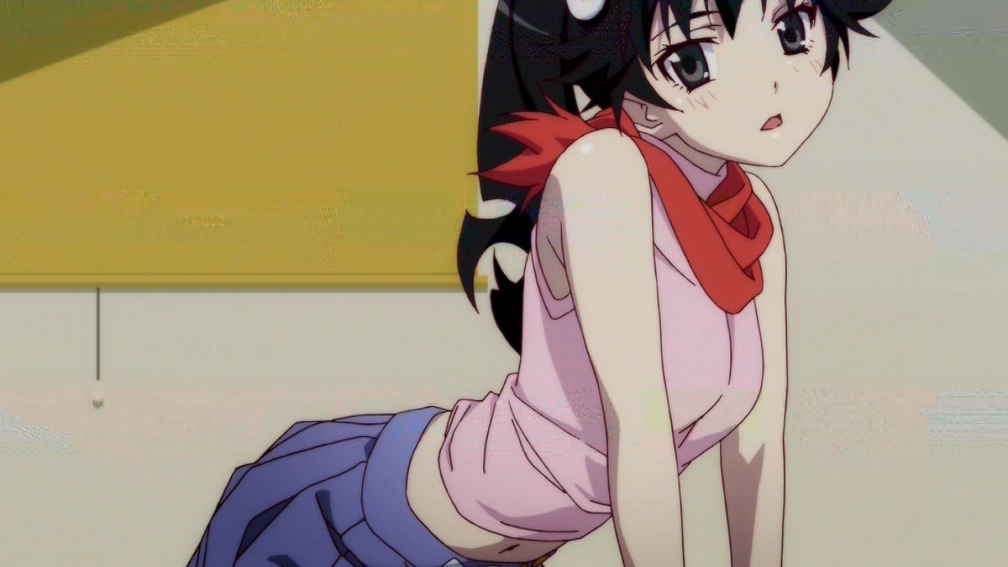 araragi karen, monogatari (series), highres, 1girl, black eyes, black hair, breasts, camisole, dot nose, egg hair ornament, female focus, food-themed hair ornament, from side, hair ornament, indoors, long hair, looking at viewer, looking to the side, medium breasts, midriff, miniskirt, navel, open mouth, pink camisole, pleated skirt, purple skirt, red scarf, scarf, side ponytail, skirt, sleeveless, solo, solo focus, stomach