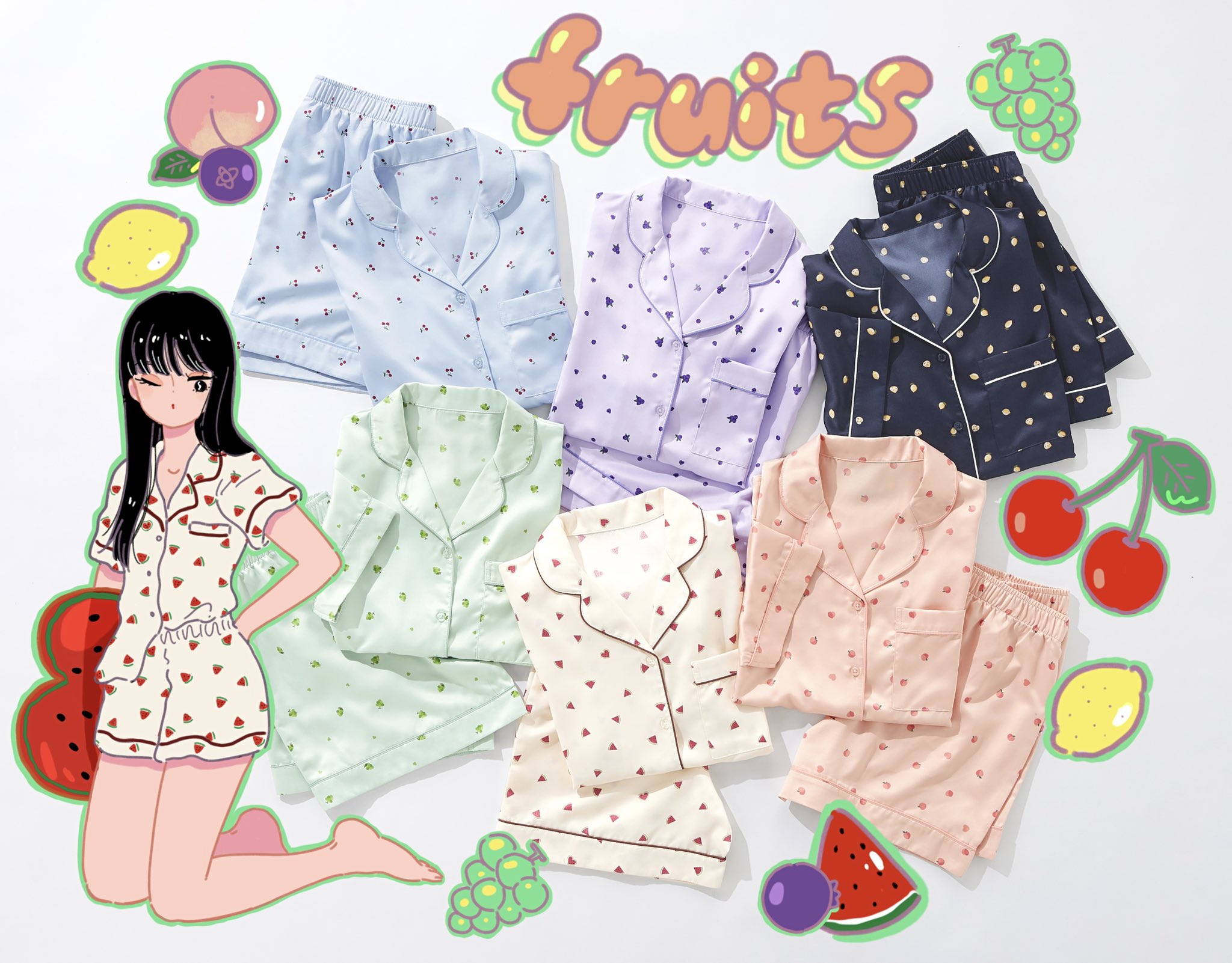 emamemamo33, original, commentary, highres, promotional art, 1girl, ad, black eyes, black hair, blue pajamas, blueberry, cherry, collarbone, english text, food, fruit, full body, grapes, green pajamas, hair behind ear, kneeling, long hair, looking at viewer, one eye closed, pajamas, peach, photo background, pink pajamas, purple pajamas, shirt partially tucked in, short sleeves, shorts, sleepwear, solo, watermelon, watermelon slice