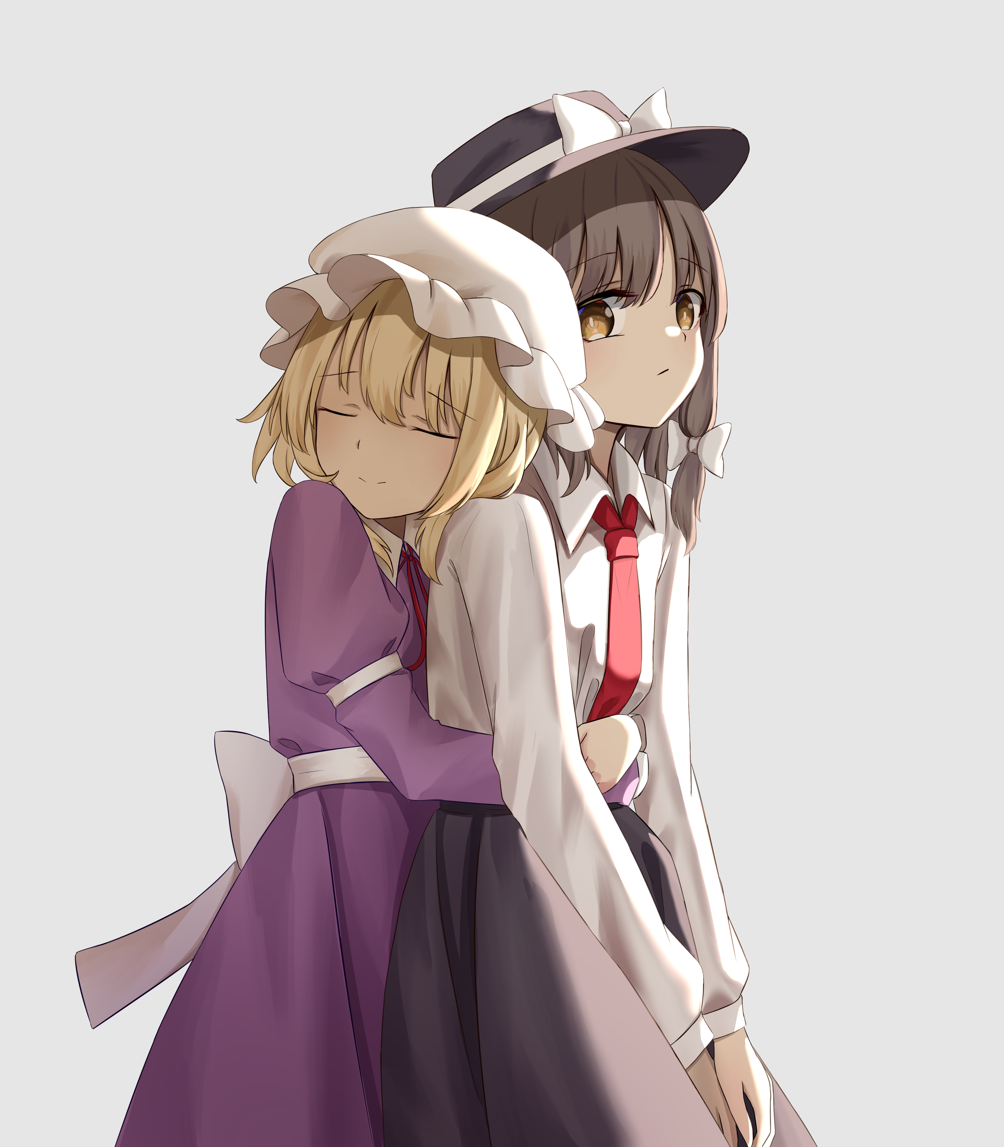 16sanrach, maribel hearn, usami renko, touhou, absurdres, commentary, highres, 2girls, back bow, black skirt, blonde hair, bow, brown eyes, brown hair, closed eyes, closed mouth, collared shirt, dress, grey background, hat, hat bow, hug, hug from behind, long hair, long sleeves, mob cap, multiple girls, necktie, purple dress, red necktie, shirt, simple background, skirt, smile, white bow, white hat, white shirt, yuri