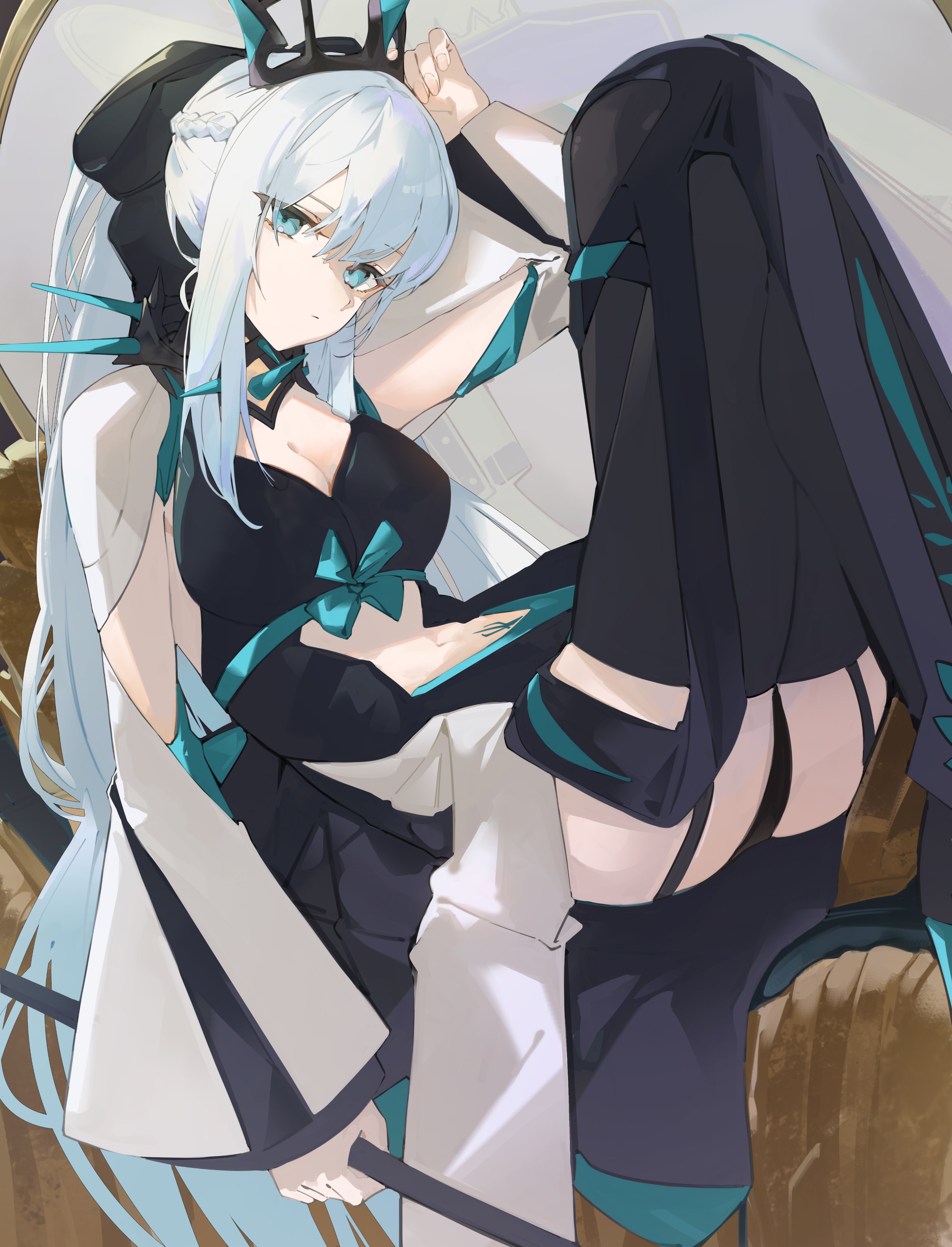 caat106, morgan le fay (fate), morgan le fay (third ascension) (fate), fate/grand order, fate (series), absurdres, highres, 1girl, black bow, black tiara, blue eyes, bow, braid, hair between eyes, hair bow, half up braid, holding, holding polearm, holding weapon, long hair, looking at viewer, polearm, ponytail, solo, spikes, stomach tattoo, tattoo, tiara, very long hair, weapon