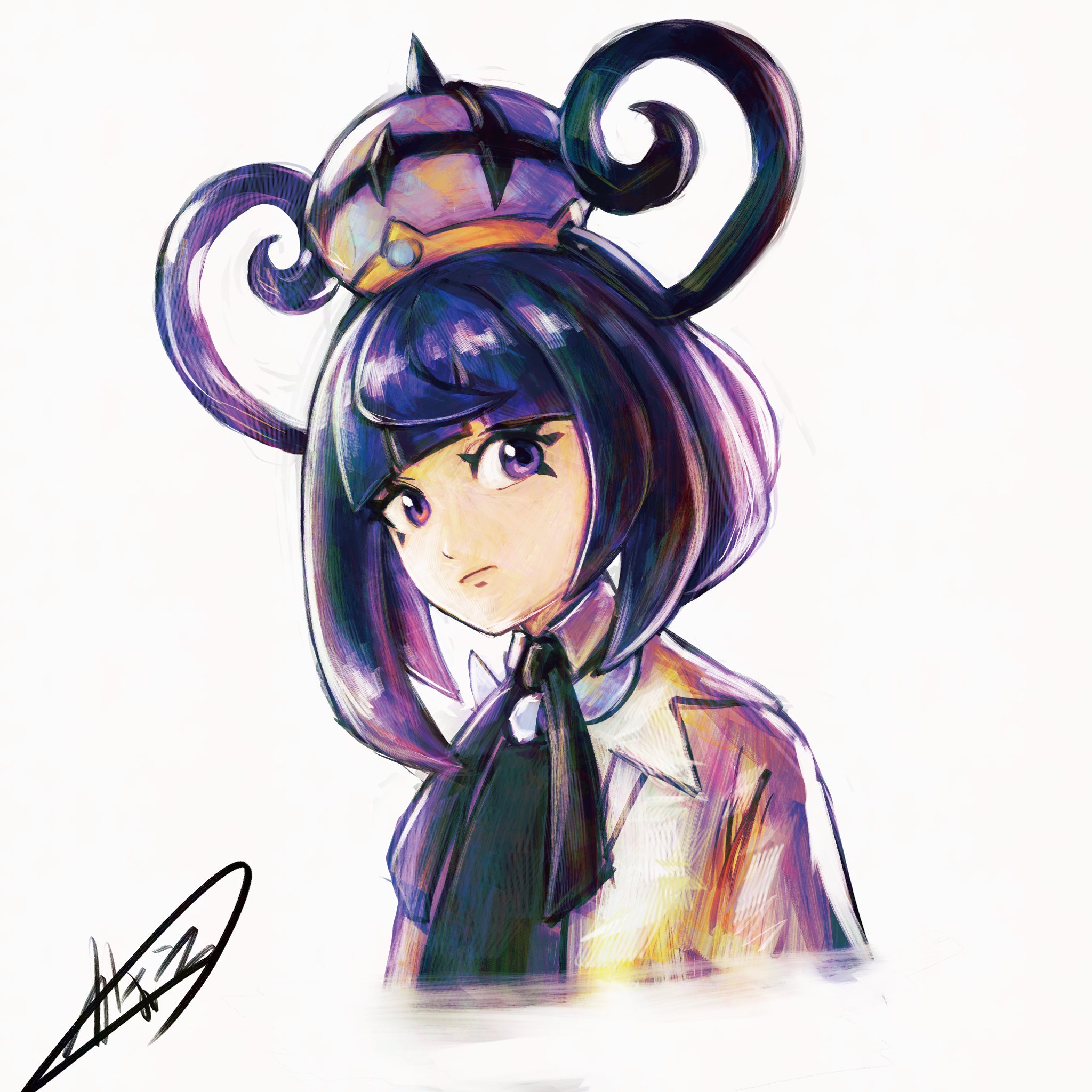 kaosu (kaosu0905), gwynn (pokemon), nintendo, pokemon, pokemon legends: z-a, highres, 1girl, black dress, black hair, blunt bangs, bob cut, closed mouth, coat, cropped torso, dress, hat, looking at viewer, purple eyes, short hair, signature, solo, upper body, white background, white coat