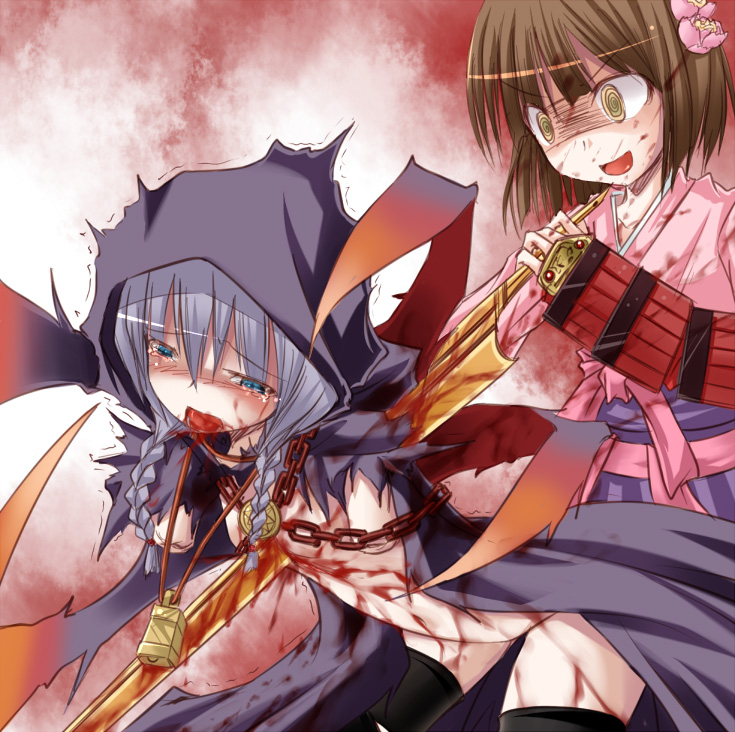 shimo (depthbomb), curse maker, atlus, etrian odyssey, silver hair, amputee, bell, blood, blue eyes, braid, brown hair, cape, chain, crazy eyes, flat chest, flower, guro, hair ornament, impaled, japanese clothes, jewelry, necklace, open mouth, samurai, smile, sword, tears, trembling, twin braids, weapon, yellow eyes