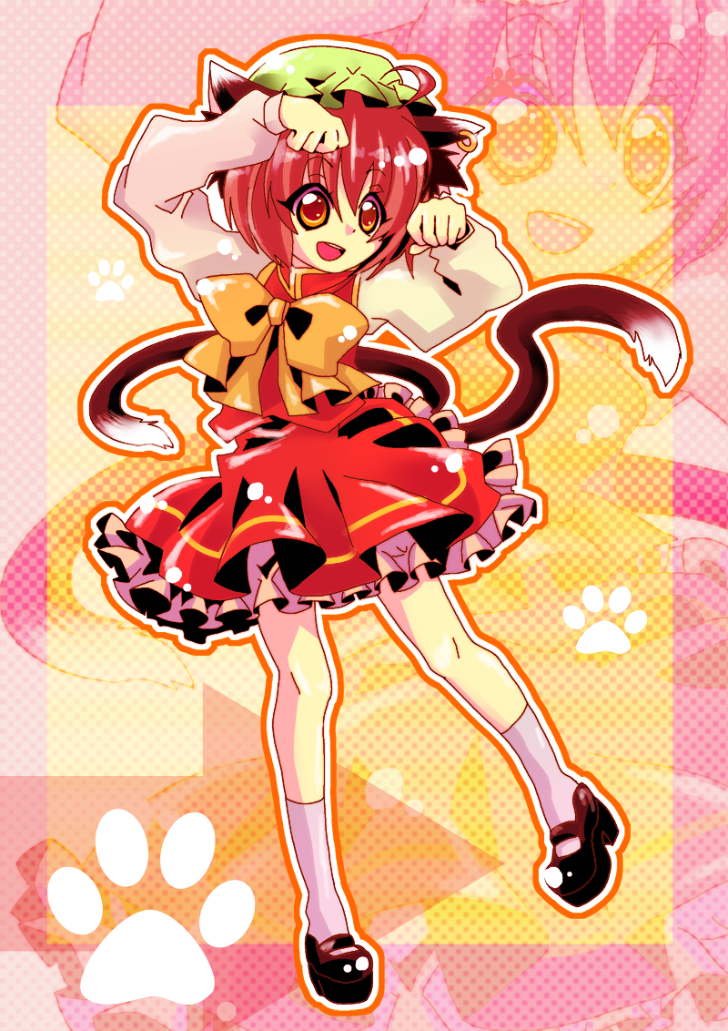 aimai (artist), manabu, chen, touhou, bad id, bad pixiv id, 1girl, animal ears, brown eyes, brown hair, cat ears, cat girl, cat tail, earrings, female focus, hat, jewelry, multiple tails, paw pose, paw print, short hair, solo, tail