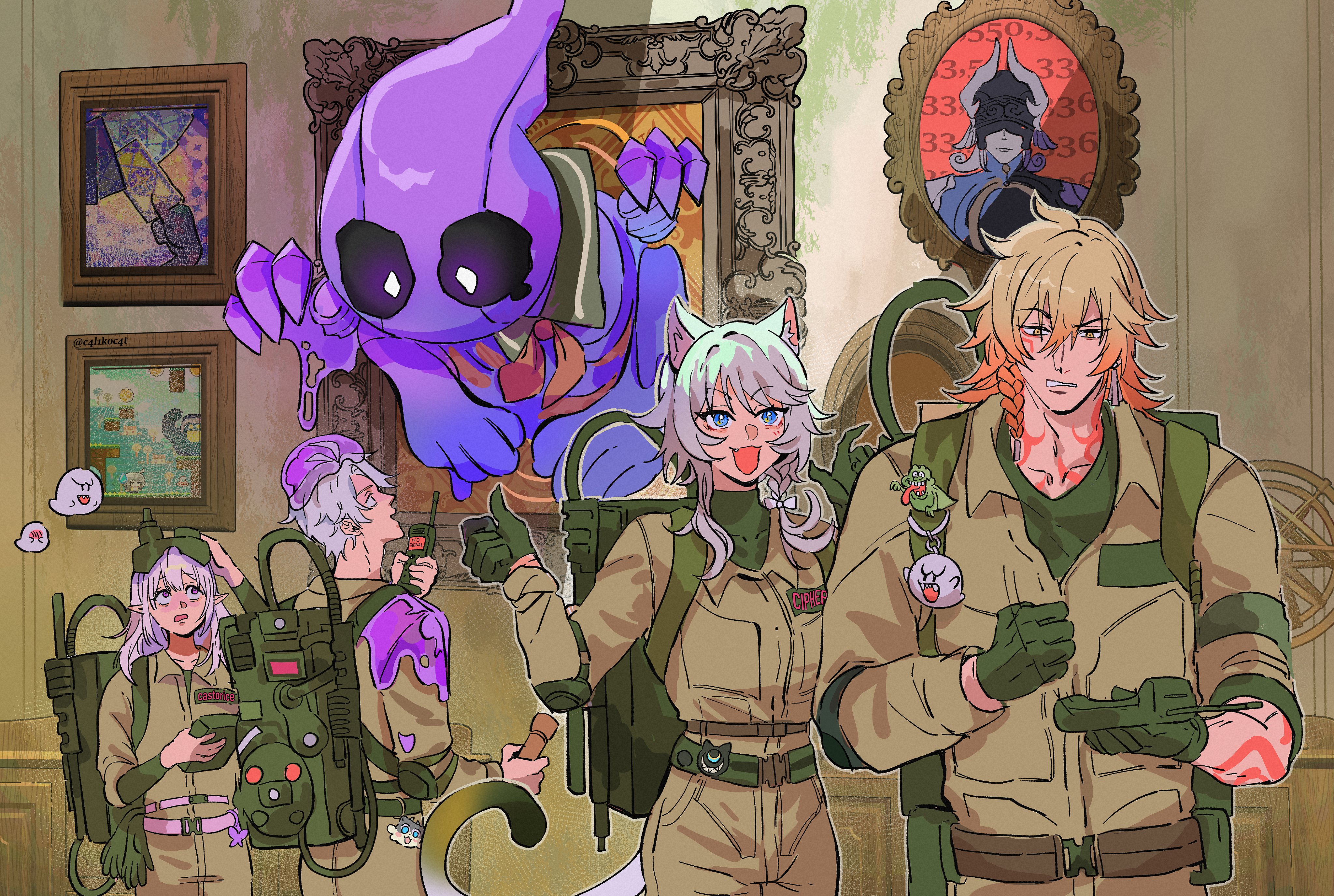 boo (mario), castorice (honkai: star rail), cipher (honkai: star rail), lygus (honkai: star rail), mydei (honkai: star rail), phainon (honkai: star rail), slimer, spirithief bartholos (honkai: star rail), ghostbusters, honkai: star rail, honkai (series), mario (series), nintendo, absurdres, highres, 2girls, animal ears, antenna hair, arm tattoo, behind another, blonde hair, blue eyes, braid, brown jumpsuit, c4l1k0c4t, cat ears, cat girl, cat tail, charm (object), fang, flashlight, flashlight beam, ghost, ghostbusters uniform, gloves, grey hair, hair between eyes, holding, holding flashlight, indoors, jumpsuit, long hair, looking at another, looking at object, multicolored hair, multiple girls, neck tattoo, official art inset, orange hair, parody, pointing, pointing at another, pointy ears, portrait (object), proton pack, red tattoo, shirt, short hair, side braid, single braid, slime (substance), smile, tail, tattoo, turtleneck, turtleneck shirt, two-tone hair, yellow eyes