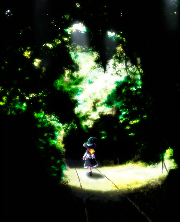 yamaguchi takashi, yamaguchi yuu, kirisame marisa, touhou, 1girl, black hat, blonde hair, female focus, forest, from behind, hat, light rays, long hair, nature, scenery, shade, solo, sunbeam, sunlight, walking, witch hat