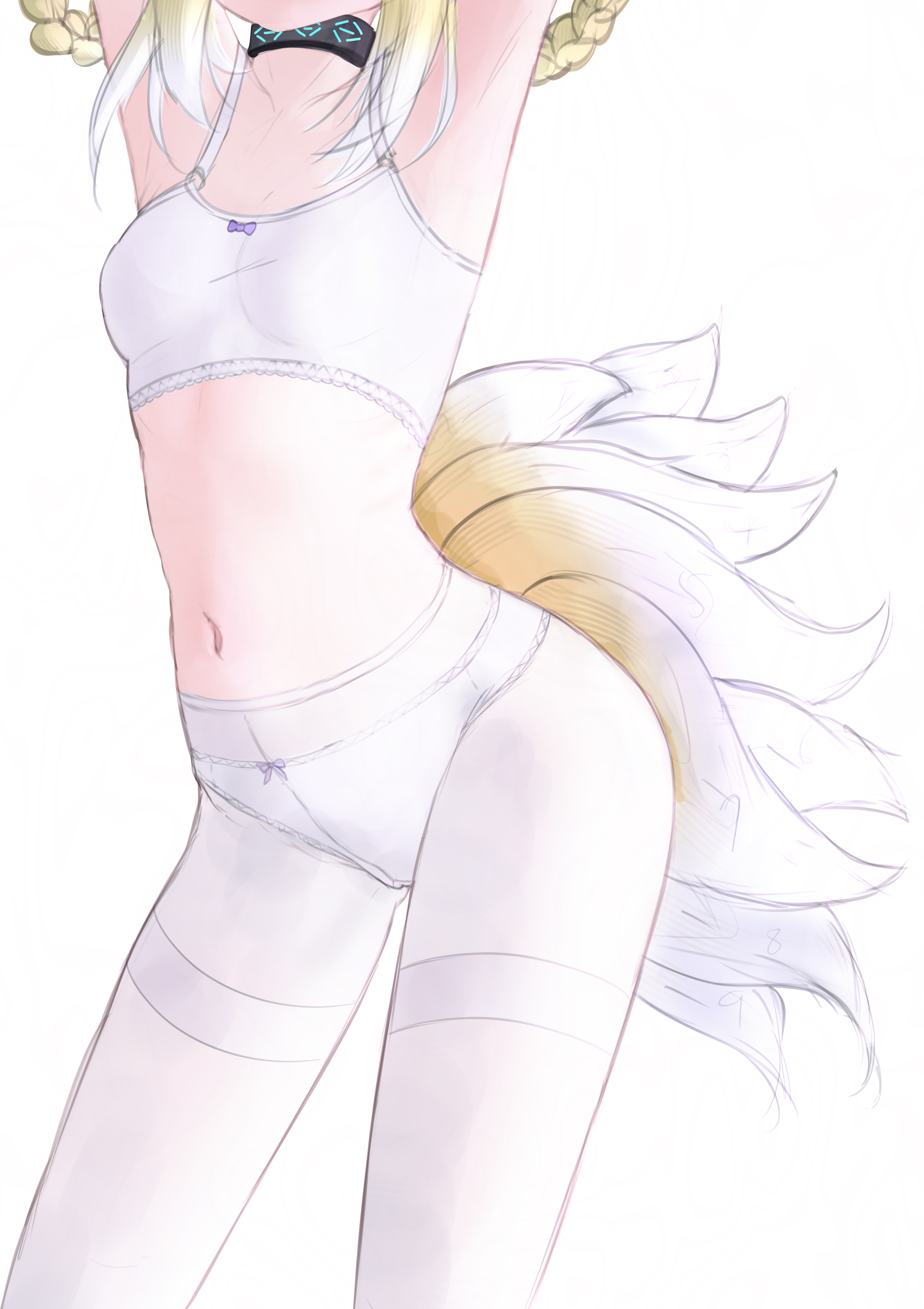 minseong jo, suzuran (arknights), arknights, absurdres, highres, 1girl, animal ears, blonde hair, bra, braid, braided hair rings, breasts, fox ears, fox girl, fox tail, hair rings, head out of frame, multiple tails, navel, panties, panties under pantyhose, pantyhose, simple background, small breasts, solo, stomach, tail, underwear, white background, white bra, white pantyhose