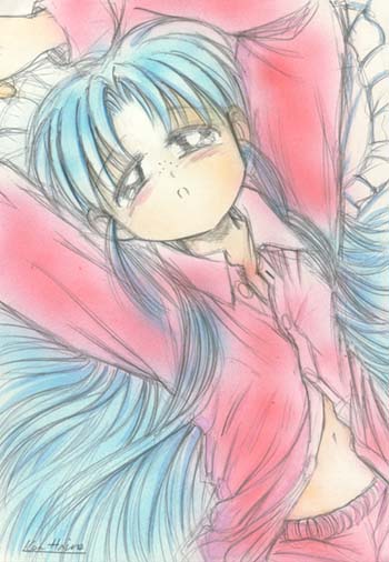 masaki sasami jurai, tenchi muyou!, blue hair, blush, freckles, navel, pajamas