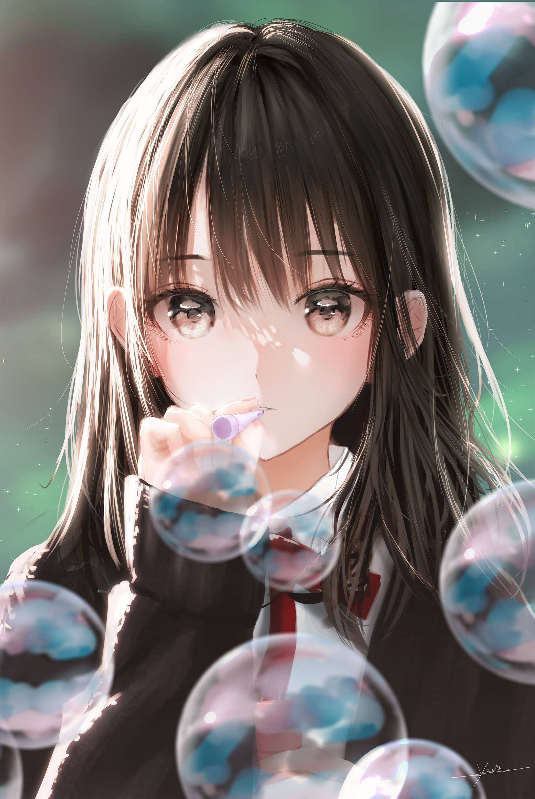 jizell, original, absurdres, commentary request, highres, 1girl, blowing bubbles, blurry, blurry background, blurry foreground, brown eyes, brown hair, brown jacket, bubble pipe, collared shirt, hand up, jacket, long hair, long sleeves, looking at viewer, neck ribbon, portrait, red ribbon, ribbon, shirt, soap bubbles, solo, white shirt