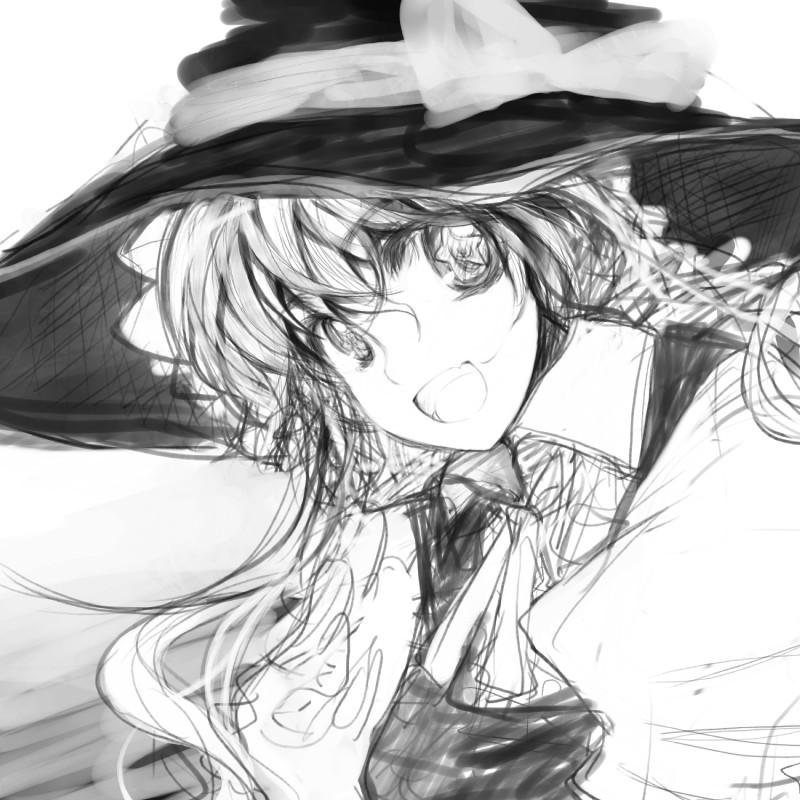hara takehito, kirisame marisa, touhou, bad id, bad pixiv id, 1girl, female focus, greyscale, hat, monochrome, sketch, solo, witch, witch hat