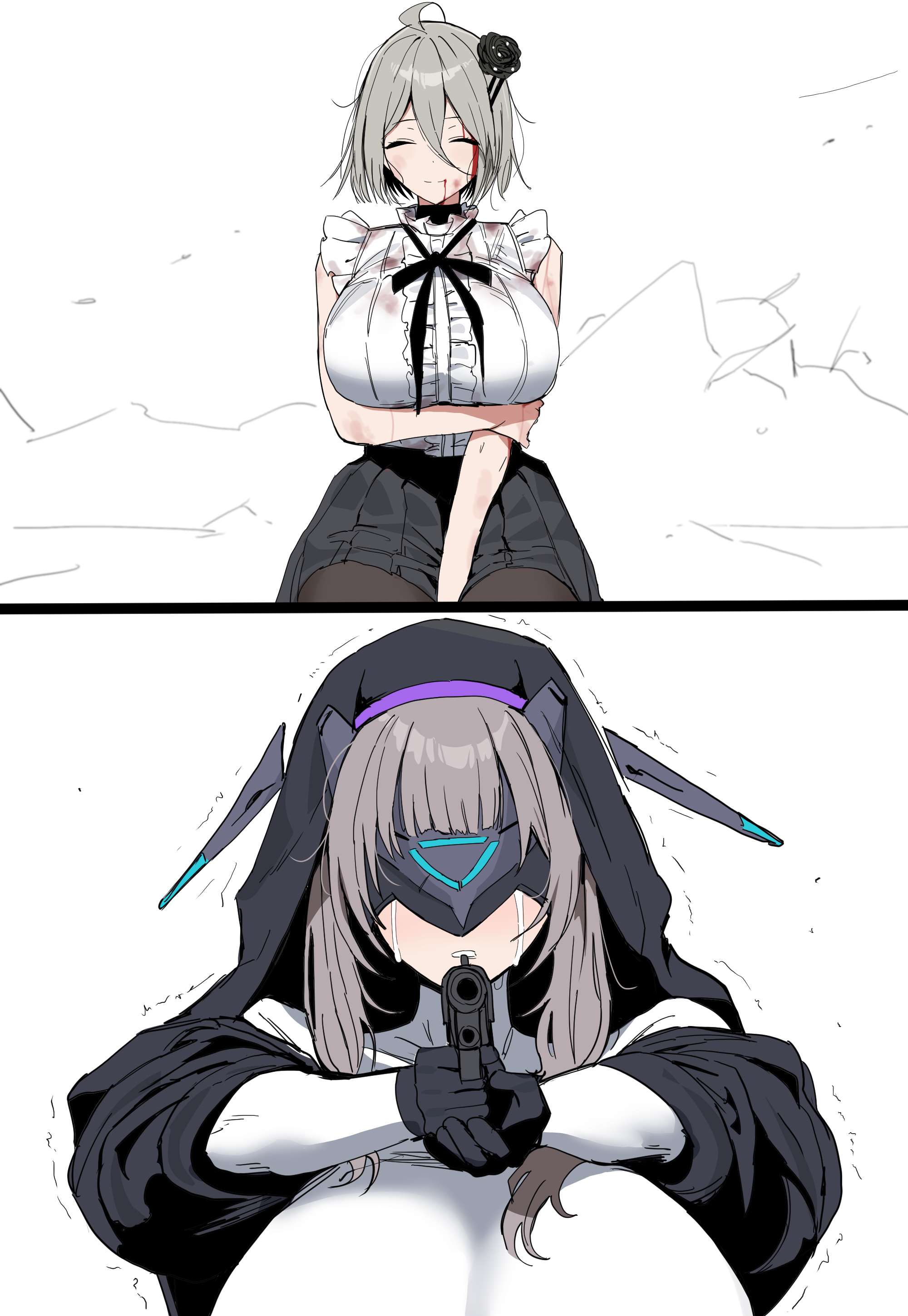 xipa, renoa (chaos zero nightmare), chaos zero nightmare, absurdres, character request, commentary request, highres, 2girls, ^ ^, black gloves, black skirt, blood, blood on face, breasts, brown hair, closed eyes, closed mouth, eye mask, gloves, gun, handgun, holding, holding gun, holding weapon, hood, huge breasts, injury, mask, multiple girls, shirt, simple background, skirt, sleeveless, sleeveless shirt, smile, trembling, weapon, white background, white shirt