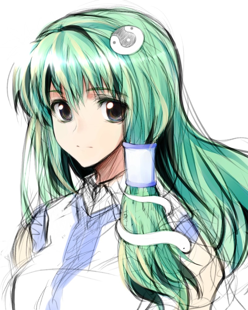 hara takehito, kochiya sanae, touhou, bad id, bad pixiv id, 1girl, black eyes, detached sleeves, female focus, green hair, hair ornament, hair tubes, long hair, looking at viewer, simple background, sketch, snake, solo, upper body, yin yang
