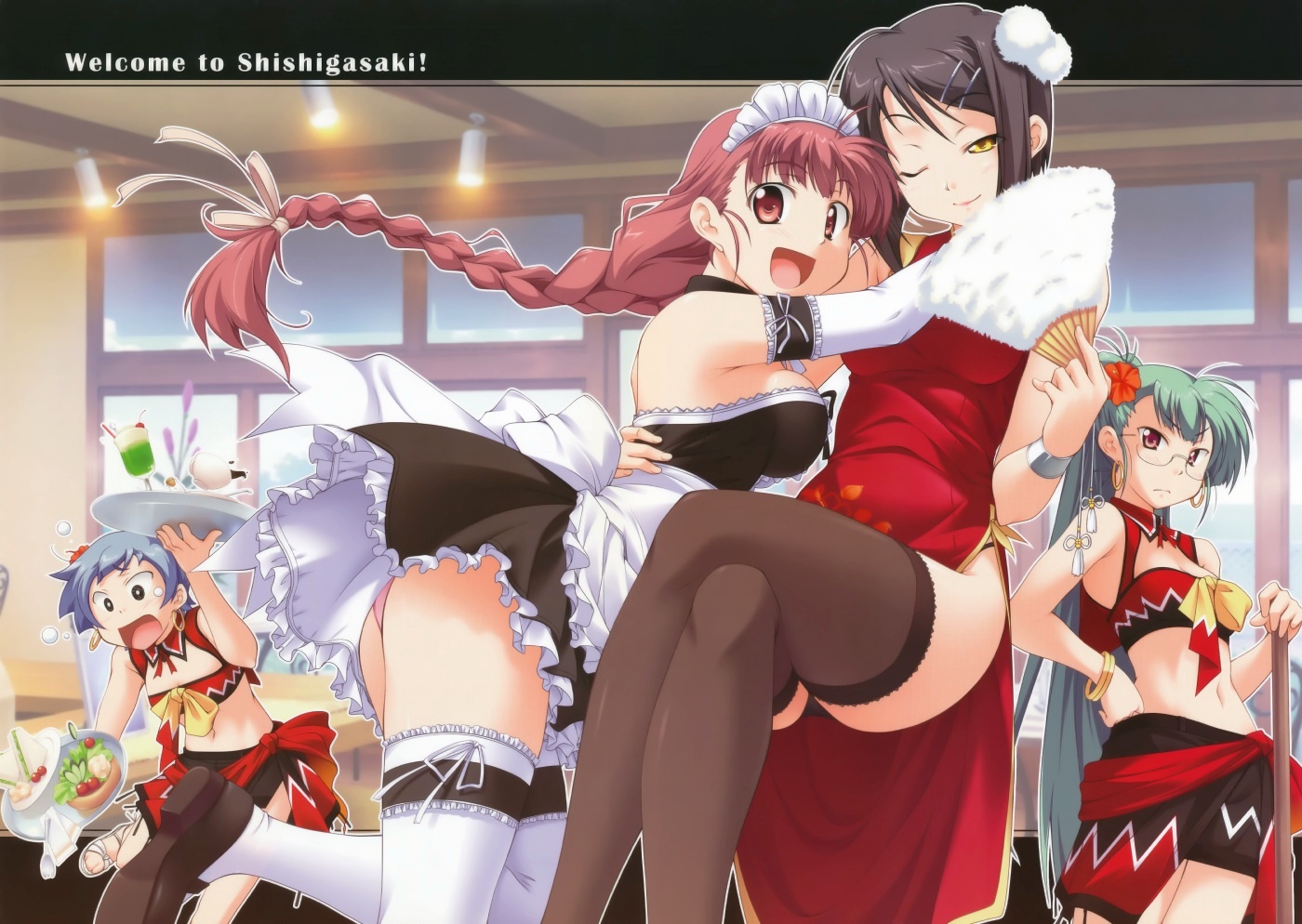 takeya masami, fujigamine serina, hayama takako, kurata chisato, sena yuu, te to te try on, 4girls, :d, blue hair, braid, brown hair, china dress, chinese clothes, clumsy, crossed legs, d:, dress, elbow gloves, food, glasses, gloves, green hair, hug, legs, long hair, maid, multiple girls, navel, one eye closed, open mouth, panties, pink hair, ponytail, red eyes, short hair, sitting, smile, thighhighs, tray, underwear, very long hair, waitress, wink, yellow eyes