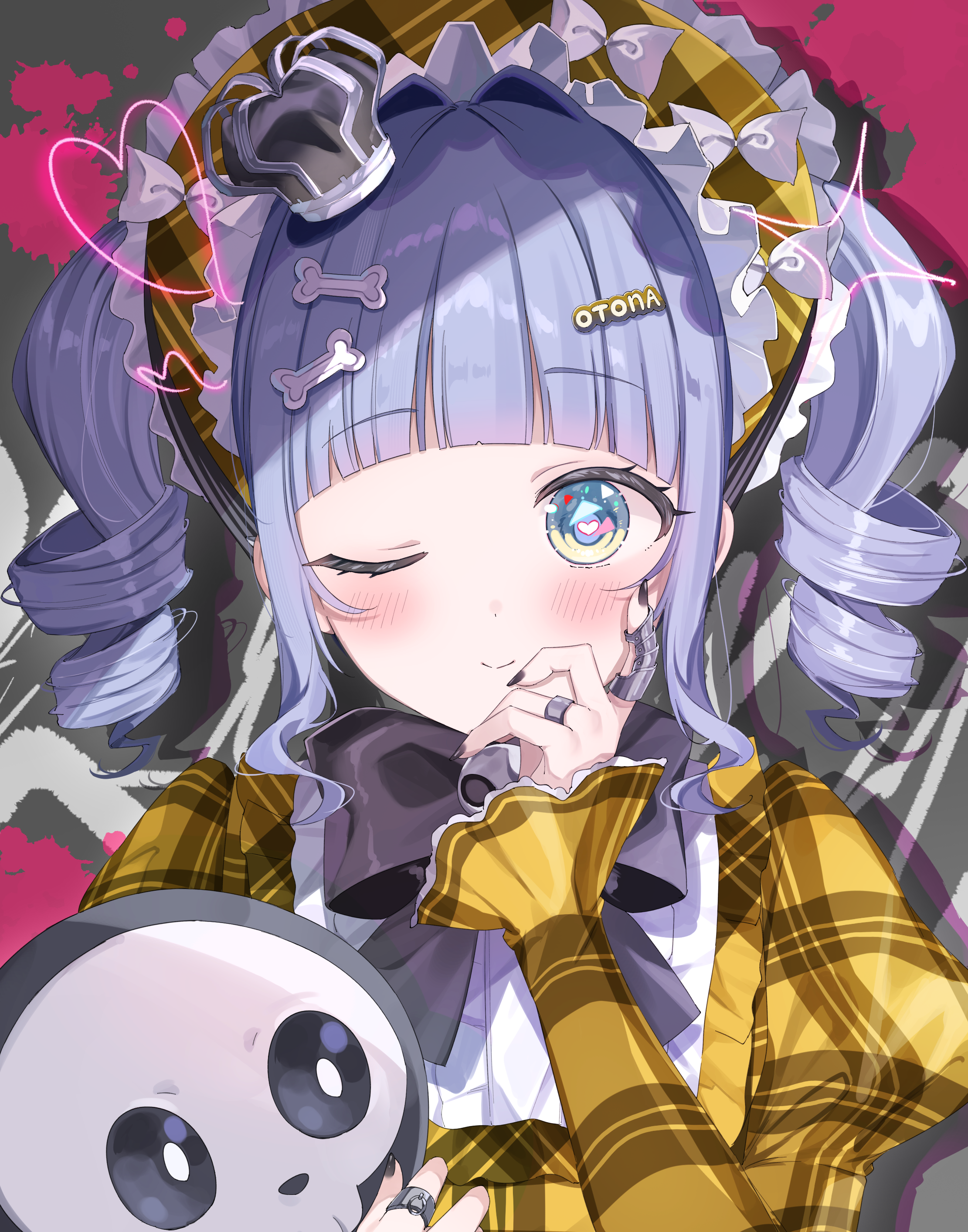 shain, yano kuromu, yano kuromu (3rd costume), vspo!, absurdres, highres, 1girl, aqua eyes, arched bangs, black bow, black bowtie, blue hair, bone hair ornament, bonnet, bow, bowtie, claw ring, crown, dress, frilled bonnet, frills, gold dress, hair intakes, hair ornament, hairclip, hairpin, heart, heart in eye, jewelry, juliet sleeves, lolita fashion, long sleeves, looking at viewer, medium hair, mini crown, official alternate costume, one eye closed, plaid clothes, plaid dress, puffy sleeves, ring, smile, solo, straight-on, stuffed animal, stuffed toy, symbol in eye, twintails, upper body, virtual youtuber