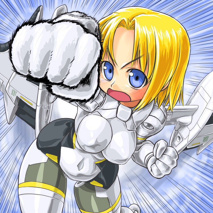 dd (ijigendd), arnval, busou shinki, bad id, bad pixiv id, 10s, 1girl, blonde hair, blue eyes, clenched hands, doll joints, emphasis lines, female focus, incoming attack, incoming punch, joints, mecha musume, punching, short hair, solo