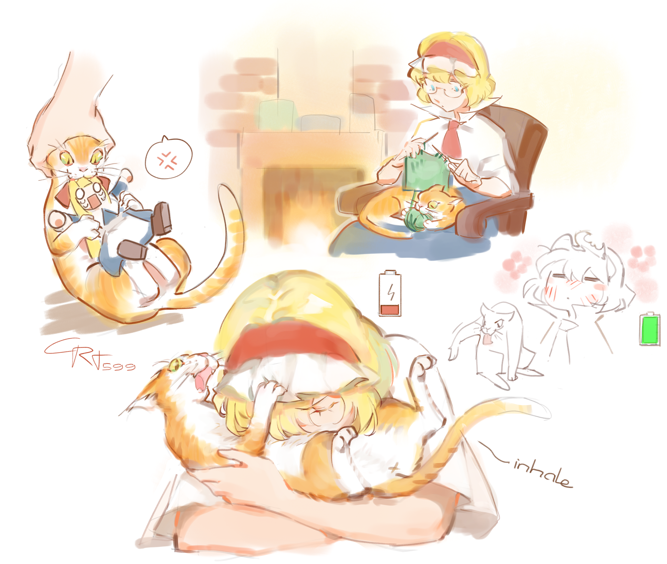 crt599, alice margatroid, shanghai doll, touhou, commentary, english commentary, highres, 2girls, anger vein, animal, animal on lap, artist name, battery indicator, bespectacled, biting, blonde hair, blue dress, blue eyes, blush, bow, capelet, cat, cat on lap, crying, crying with eyes open, dress, fireplace, glasses, hair bow, hairband, knitting, knitting needle, multiple girls, needle, on lap, open mouth, orange cat, red bow, red hairband, sitting, spoken anger vein, tears, white capelet