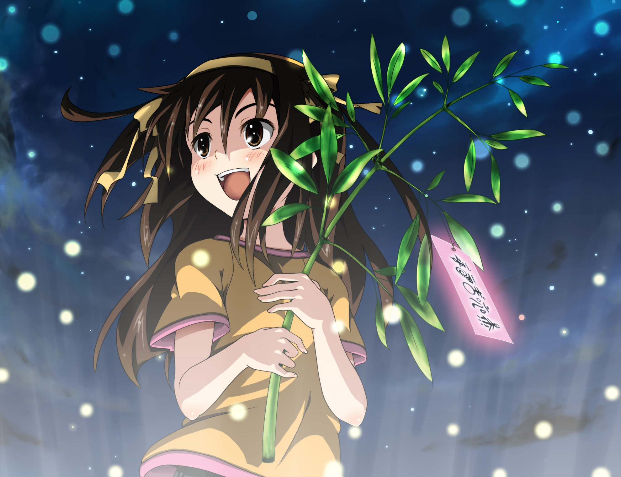 sankuro (agoitei), suzumiya haruhi, suzumiya haruhi (young), suzumiya haruhi no yuuutsu, bad id, bad pixiv id, highres, 00s, 1girl, :d, aged down, bamboo, brown hair, female focus, hairband, long hair, open mouth, orange shirt, shirt, smile, solo, tanabata, tanzaku